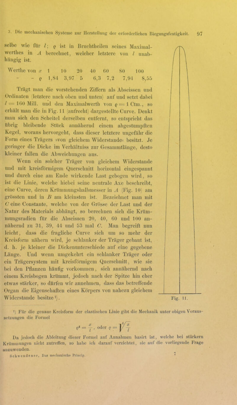 selbe wie für ^ ist in Bruchtheilen seines Maximal- wertlies in A berechnet, welcher letztere von / imal)- hängig ist. Werthe von x 1 1 () 20 40 (JO 80 100 - Q 1,84 3,97 5 6,3 7,2 7,94 8,55 Trägt man die vorstehenden Ziflfern als Abscissen und Ordinaten (letztere nach oben und unten) auf und setzt dabei / = 160 Mill. und den Maxiinalwerth von ^=1 Ctm., so erhält man die in Fig. 11 (aufrecht) dargestellte Curve. Denkt man sich den Scheitel derselben entfernt, so entspricht das Übrig bleibende Stück annähernd einem abgestumpften Kegel, Avoraus hervorgeht, dass dieser letztere ungefälu- die Form eines Trägers »von gleichem Widerstande« besitzt. Je geringer die Dicke im Verhältniss zur Gesammtlänge, desto kleiner fallen die Abweichungen aus. Wenn ein solcher Träger von gleichem Widerstande und mit kreisförmigem Querschnitt horizontal eingespannt und durch eine am Ende wirkende Last gebogen wird, so ist die Linie, welche hiebei seine neutrale Axe beschreibt, eine Curve, deren Krümmungshalbmesser in A (Fig. 10) am grössten und in B am kleinsten ist. Bezeichnet man mit C eine Constante, welche von der Grösse der Last und der Natur des Materials abhängt, so berechnen sich die Krüm- mungsradien für die Abscissen 20, 40, 60 und 100 an- nähernd zu 31, 39, 44 und 53 mal C. Man begreift nun leicht, dass die fragliche Curve sich um so mehr der Kreisform nähern wird, je schlanker der Träger gebaut ist, d. h. je kleiner die Dickenunterschiede auf eine gegebene Länge. Und wenn umgekehrt ein schlanker Träger oder ein Trägersystem mit kreisförmigem Querschnitt, wie sie bei den Pflanzen häufig vorkommen, sich annähernd nach einem Kreisbogen krümmt, jedoch nach der Spitze hin eher etwas stärker, so dürfen wir annehmen, dass das betreffende Organ die Eigenschaften eines Kör})ers von nahezu gleichem Widerstande besitzei). Fig. ii. ') Für die genaue Kreisform der elastischen Linie gibt die Mechanik unter obigen Voraus- setzungen die Formel '' X = y , oder q = |/y Da jedoch die Ableitung dieser Formel auf Annahmen basirt ist, welche bei stärkern Krümmungen nicht zutreffen, so habe ich darauf verzichtet, sie auf die vorliegende Frage anzuwenden. Scbwendener, D.xs mechanisclie Princip.