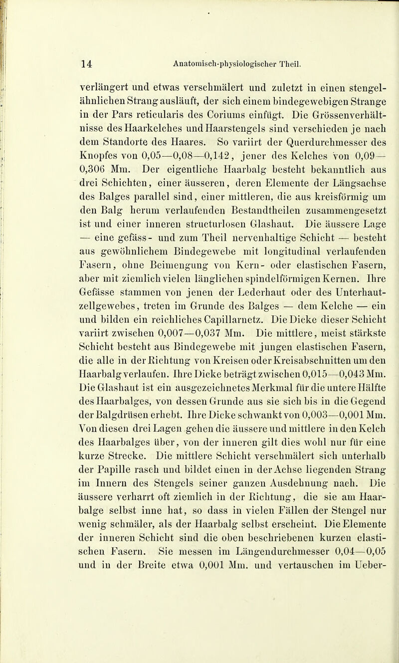 verlängert und etwas verschmälert und zuletzt in einen stengel- ähnlichen Strang ausläuft, der sich einem bindegewebigen Strange in der Pars reticularis des Coriums einfügt. Die Grössenverhält- nisse des Haarkelches und Haarstengels sind verschieden je nach dem Standorte des Haares. So variirt der Querdurchmesser des Knopfes von 0,05—0,08—0,142, jener des Kelches von 0,09— 0,306 Mm. Der eigentliche Haarbalg besteht bekanntlich aus drei Schichten, einer äusseren, deren Elemente der Längsachse des Balges parallel sind, einer mittleren, die aus kreisförmig um den Balg herum verlaufenden Bestandtheilen zusammengesetzt ist und einer inneren structurlosen Glashaut. Die äussere Lage — eine gefäss- und zum Theil nervenhaltige Schicht — besteht aus gewöhnlichem Bindegewebe mit longitudinal verlaufenden Fasern, ohne Beimengung von Kern- oder elastischen Fasern, aber mit ziemlich vielen länglichen spindelförmigen Kernen. Ihre Gefässe stammen von jenen der Lederhaut oder des Unterhaut- zellgewebes , treten im Grunde des Balges — dem Kelche — ein und bilden ein reichliches Capillarnetz. Die Dicke dieser Schicht variirt zwischen 0,007—0,037 Mm. Die mittlere, meist stärkste Schicht besteht aus Bindegewebe mit jungen elastischen Fasern, die alle in der Richtung von Kreisen oder Kreisabschnitten um den Haarbalg verlaufen. Ihre Dicke beträgt zwischen 0,015—0,043 Mm. Die Glashaut ist ein ausgezeichnetes Merkmal für die untere Hälfte des Haarbalges, von dessen Grunde aus sie sich bis in die Gegend der Balgdrüsen erhebt. Ihre Dicke schwankt von 0,003—0,001 Mm. Von diesen drei Lagen gehen die äussere und mittlere in den Kelch des Haarbalges über, von der inneren gilt dies wohl nur für eine kurze Strecke. Die mittlere Schicht verschmälert sich unterhalb der Papille rasch und bildet einen in der Achse liegenden Strang im Innern des Stengels seiner ganzen Ausdehnung nach. Die äussere verharrt oft ziemlich in der Richtung, die sie am Haar- balge selbst inne hat, so dass in vielen Fällen der Stengel nur wenig schmäler, als der Haarbalg selbst erscheint. Die Elemente der inneren Schicht sind die oben beschriebenen kurzen elasti- schen Fasern. Sie messen im Längendurchmesser 0,04—0,05 und in der Breite etwa 0,001 Mm. und vertauschen im Ueber-