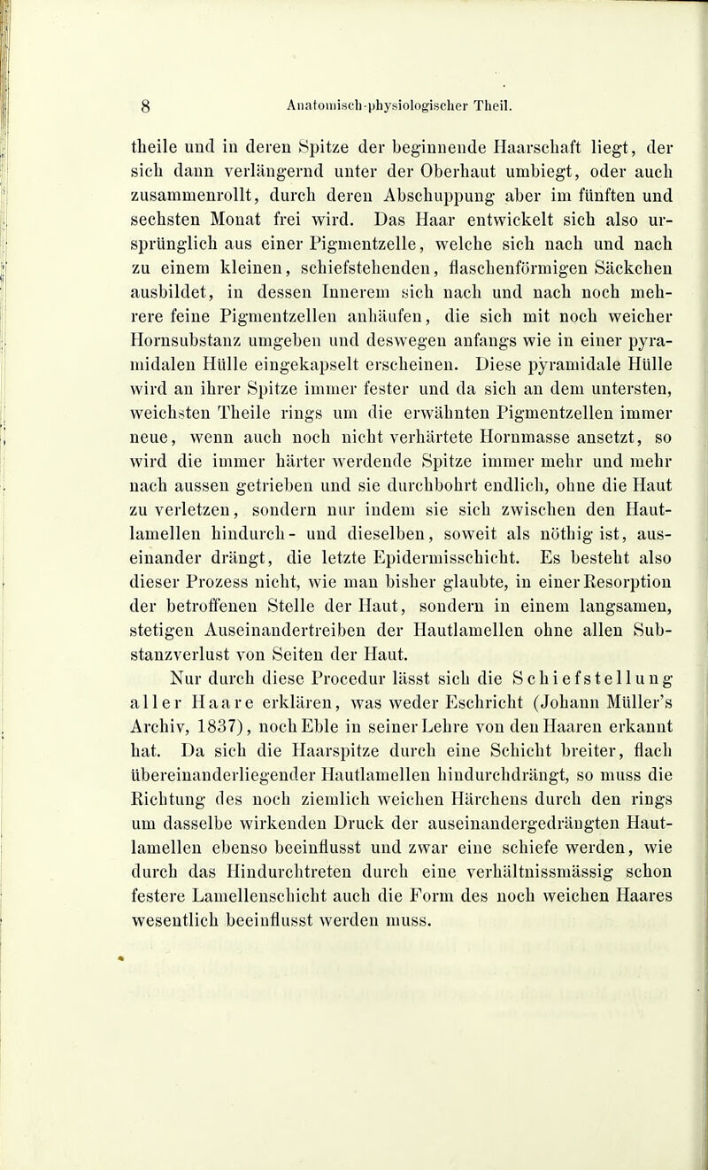 theile und in deren »Spitze der beginnende Haarscliaft liegt, der sicli dann verlängernd unter der Oberhaut umbiegt, oder auch zusammenrollt, durch deren Abschuppung aber im fünften und sechsten Monat frei wird. Das Haar entwickelt sich also ur- sprünglich aus einer Pigmentzelle, welche sich nach und nach zu einem kleinen, schiefstehenden, fllaschenförmigen Säckchen ausbildet, in dessen Innerem sich nach und nach noch meh- rere feine Pigmentzellen anhäufen, die sich mit noch weicher Hornsubstanz umgeben und deswegen anfangs wie in einer pyra- midalen Hülle eingekapselt erscheinen. Diese pyramidale Hülle wird an ihrer Spitze immer fester und da sich an dem untersten, weichsten Theile rings um die erwähnten Pigmentzellen immer neue, wenn auch noch nicht verhärtete Hornmasse ansetzt, so wird die immer härter werdende Spitze immer mehr und mehr nach aussen getrieben und sie durchbohrt endlich, ohne die Haut zu verletzen, sondern nur indem sie sich zwischen den Haut- lamellen hindurch- und dieselben, soweit als nöthigist, aus- einander drängt, die letzte Epidermisschicht. Es besteht also dieser Prozess nicht, wie man bisher glaubte, in einer Resorption der betroffenen Stelle der Haut, sondern in einem langsamen, stetigen Auseinandertreiben der Hautlamellen ohne allen Sub- stanzverlust von Seiten der Haut. Nur durch diese Procedur lässt sich die Schiefstellung aller Haare erklären, was weder Eschricht (Johann Müller's Archiv, 1837), nochEble in seiner Lehre von den Haaren erkannt hat. Da sich die Haarspitze durch eine Schicht breiter, flach übereinanderliegender Hautlamellen hindurchdrängt, so muss die Richtung des noch ziemlich weichen Härchens durch den rings um dasselbe wirkenden Druck der auseinandergedrängten Haut- lamellen ebenso beeinflusst und zwar eine schiefe werden, wie durch das Hindurchtreten durch eine verhältuissmässig schon festere Lamellenschicht auch die Form des noch weichen Haares wesentlich beeinflusst werden muss.