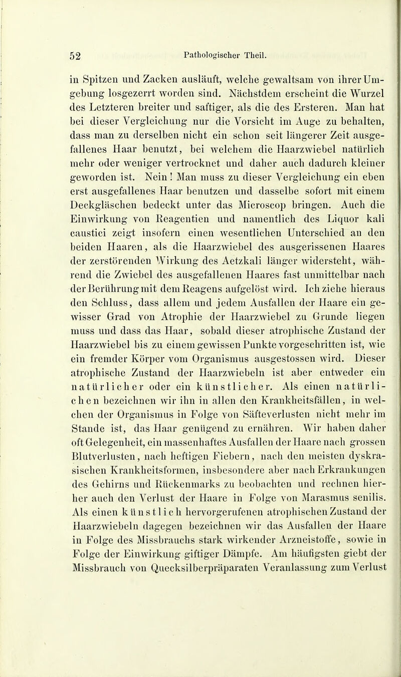 in Spitzen und Zacken ausläuft, welche gewaltsam von ihrer Um- gebung losgezerrt worden sind. Nächstdem erscheint die Wurzel des Letzteren breiter und saftiger, als die des Ersteren. Man hat bei dieser Vergleichiing nur die Vorsicht im Auge zu behalten, dass man zu derselben nicht ein schon seit längerer Zeit ausge- fallenes Haar benutzt, bei welchem die Haarzwiebel natürlich mehr oder weniger vertrocknet und daher auch dadurch kleiner geworden ist. Nein! Man muss zu dieser Vergleichuug ein eben erst ausgefallenes Haar benutzen und dasselbe sofort mit einem Deckgläschen bedeckt unter das Microscop bringen. Auch die Einwirkung von Reagentien und namentlich des Liquor kali caustici zeigt insofern einen wesentlichen Unterschied an den beiden Haaren, als die Haarzwiebel des ausgerissenen Haares der zerstörenden Wirkung des Aetzkali länger widersteht, wäh- rend die Zwiebel des ausgefallenen Haares fast unmittelbar nach der Berührung mit dem Reagens aufgelöst wird. Ich ziehe hieraus den Schluss, dass allem und jedem Ausfallen der Haare ein ge- wisser Grad von Atrophie der Haarzwiebel zu Grunde liegen muss und dass das Haar, sobald dieser atrophische Zustand der Haarzwiebel bis zu einem gewissen Punkte vorgeschritten ist, wie ein fremder Körper vom Organismus ausgestossen wird. Dieser atrophische Zustand der Haarzwiebeln ist aber entweder ein natürlicher oder ein künstlicher. Als einen natürli- chen bezeichnen wir ihn in allen den Krankheitsfällen, in wel- chen der Organismus in Folge von Säfteverlusten nicht mehr im Stande ist, das Haar genügend zu ernähren. Wir haben daher oft Gelegenheit, ein massenhaftes Ausfallen der Haare nach grossen Blutverlusten, nach heftigen Fiebern, nach den meisten dyskra- sischen Krankheitsformen, insbesondere aber nach Erkrankungen des Gehirns und Rückenmarks zu beobachten und rechnen hier- her auch den Verlust der Haare in Folge von Marasmus senilis. Als einen künstlich hervorgerufenen atrophischen Zustand der Haarzwiebeln dagegen bezeichnen wir das Ausfallen der Haare in Folge des Missbrauchs stark wirkender Arzneistotfe, sowie in Folge der Einwirkung giftiger Dämpfe. Am häufigsten gicbt der Missbrauch von Quecksilberpräparaten Veranlassung zum Verlust