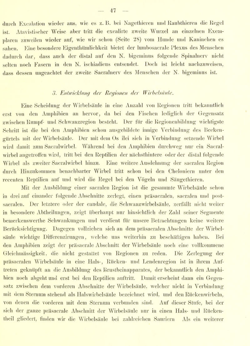 (luich Excalation wieder aus, wie es z. 13. bei Nag-ethieieu und Raubtliieren die Reg-el ist. Atavistischer Weise aber tritt die exealirte zweite Wurzel an einzelnen Exem- plaren zuweilen wieder auf, wie wir sclion (Seite 28) vom Hunde und Kaninchen es sahen. Eine besondere Eigentliümlichkeit bietet der lumbosacrale Plexus des Menschen »Uidurch dar, dass auch der distal auf den N. bigemiuus folgende Spinalnerv nicht selten noch Easern in den N. ischiadicus entsendet. Doch ist leicht nachzuweisen, dass dessen ungeachtet der zweite Sacralnerv des Menschen der N. bigeminus ist. 3. Eiiimcklunij der Regionen der Wirbelsäule. Eine Scheidung der Wirbelsäule in eine Anzahl von liegionen tritt bekanntlich erst von den Amphibien an hervor, da bei den Fischen ledighch der Gegensatz zwischen Rumpf- und Schwanzregion besteht. Der für die Regionenbildung wichtigste Schritt ist die bei den Amphibien schon ausgebildete innige Verbindung des Recken- gürtels mit der Wirbelsäule. Der mit dem Os ilei sich in Verbindung setzende Wirbel wird damit zum Sacralwirljel. Während bei den Am])hibicn durchweg nur ein Sacral- wirbel angetroffen wird, tritt bei den Reptilien der nächsthintere oder der distal folgende Wirbel als zweiter Sacralwirbel hinzu. Eine weitere Ausdehnung der sacralen Region durch Hinzukommen benachbarter Wirbel tritt schon bei den Chelojiiern unter den recenten Reptilien auf und wird die Regel bei den Vögeln uiul Säugethieren. Mit der Ausbildung einer sacralen Region ist die gesammte Wirbelsäule schon in drei auf einander folgende Abschnitte zerlegt, einen präsacralen, sacralen und post- sacralen. Der letztere oder der caudale, die Schwanzwirbelsäule, zerfällt nicht weiter in besondere Abtheilungen, zeigt überhaupt nur hinsichtlich der Zahl seiner Segmente bemerkenswerthe Schwankungen und verdient für unsere Betrachtungen keine weitere Berücksichtigung. Dagegen vollziehen sich an denj präsacralen Abschnitte der Wirbel- säule wichtige Differenzirungen, welche uns weiterliin zu beschäftigen haben. Bei den Amphibien zeigt der präsacrale Abschnitt der Wirbelsäule noch eine vollkommene Gleichmässigkeit, die nicht gestattet von Regionen zu reden. Die Zerlegung der präsacralen Wirbelsäule in eine Hals-, Rücken- und Lendenregion ist in ihrem Auf- treten geknüpft an die Ausbildung' des Brustbeinapparates, der bekanntlich den Amphi- bien noch abgeht und erst bei den Reptilien auftritt. Damit erscheint dann ein Gegen- satz zwischen dem vorderen Abschnitte der Wirbelsäule, welcher nicht in Verbindung mit dem Sternum stehend als Halswirbelsäule bezeichnet wird, und den Rückenwirbeln, von denen die vorderen mit dem Sternum verbunden sind. Auf dieser Stufe, bei der sich der ganze präsacrale Abschnitt der Wirbelsäule nur in einen Hals- und Rücken- theil gliedert, fiiulen wir die Wirbelsäule bei zahlreichen Sauriern Als ein weiterer