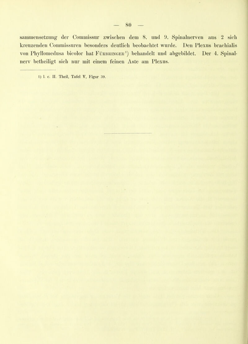 sammensetzung der Commissur zwischen dem 8. und 9. Spinalnerven aus 2 sich kreuzenden Commissuren besonders deutlich beobachtet wurde. Den Plexus brachialis von Phyllomedusa bicolor hat Fükbkinger') behandelt und abgebildet. Der 4. Spinal- nerv betheiligt sich nur mit einem feinen Aste am Plexus.