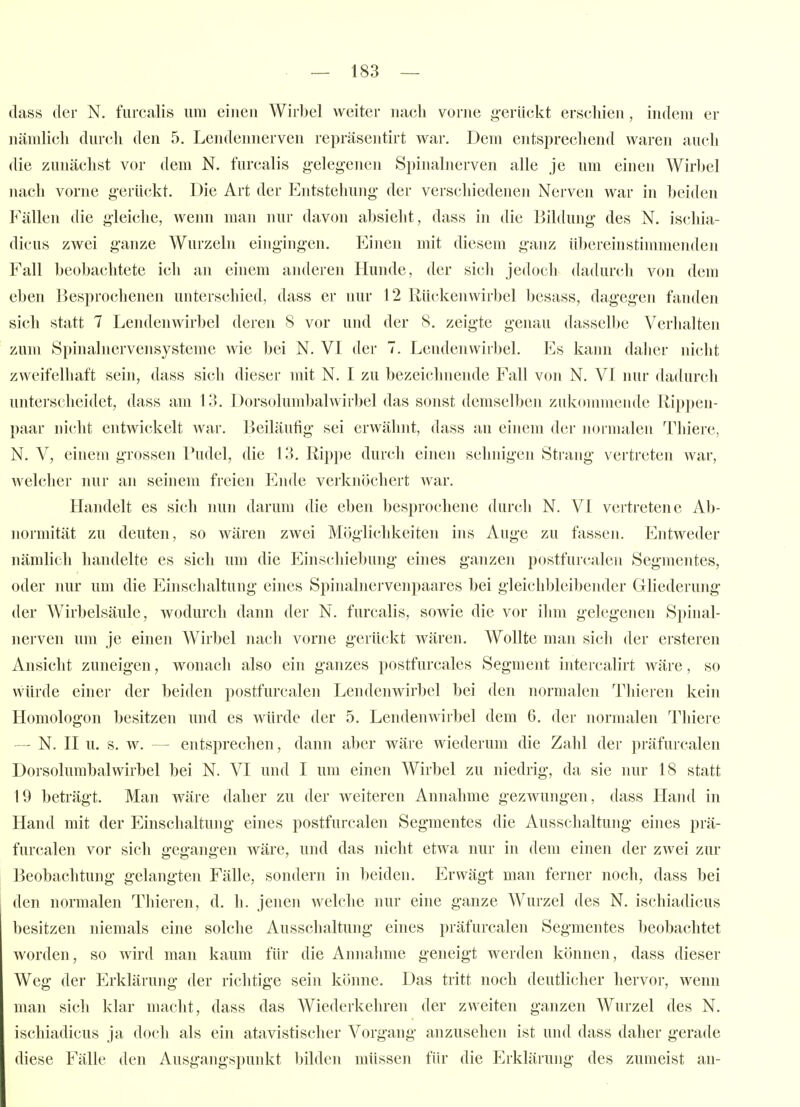 class der N. furcalis um einen Wirbel weiter nach vorne g-eriickt erscliien, indem er nämlich durch den 5. Lendennerven repräsentirt war. Dem entsprechend waren auch die zunächst vor dem N. furcalis g'elegenen Spinahierven alle je um einen Wirbel nach vorne g'erückt. Die Art der Entstehung- der verschiedenen Nerven war in beiden Fällen die gleiche, wenn man nur davon absieht, dass in die Bildung des N. ischia- dicus zwei ganze Wurzeln eingingen. Einen mit diesem ganz übereinstimmenden Fall beobachtete ich an einem anderen Hunde, der sich jedoch dadurch von dem eben Besprochenen unterschied, dass er nur 12 Rückenwirbel besass, dagegen fanden sich statt 7 Lendenwirljel deren 8 vor und der 8. zeigte genau dasselbe Verhalten zum Spinalnervensysteme wie bei N. VI der 7. Lendenwirbel. Es kann daher nicht zweifelhaft sein, dass sich dieser mit N. I zu bezeichnende Fall von N, VI nur dadurch unterscheidet, dass am 13. Dorsolumbalwirbel das sonst demselben zukommende Rippen- paar nicht entwickelt war. Beiläufig sei erwähnt, dass an einem der normalen Thiere, N. V, einem grossen Pudel, die 13. Rippe durch einen sehnigen Strang vertreten war, welcher nur an seinem freien Ende verknöchert war. Handelt es sich nun darum die eben besprochene durch N. VI vertretene Ab- normität zu deuten, so wären zwei Möglichkeiten ins Auge zu fassen. Entweder nämlich handelte es sich um die Einschiebung- eines ganzen postfurcalen Segmentes, oder nur um die Einschaltung eines Spinalnervenpaares bei gleichbleibeiuler Gliederung der AVirbelsäulc, wodurch dann der N. furcalis, sowie die vor ihm gelegenen Spinal- nerven um je einen Wirbel nach vorne gerückt wären. Wollte man sich der ersteren Ansicht zuneigen, wonach also ein ganzes postfurcales Segment intercalirt wäre, so würde einer der beiden postfurcalen Lendenwirbel bei den normalen Thieren kein Homologon besitzen und es würde der 5. Lendenwirbel dem 6. der normalen Thiere — N. II u. s. w. — entsprechen, dann aber wäre wiederum die Zahl der präfurcalen Dorsolumbalwirbel bei N. VI und I um einen Wirbel zu niedrig, da sie nur 18 statt 19 beträgt. Man wäre daher zu der weiteren Annahme gezwungen, dass Haiul in Hand mit der Einschaltung eines postfurcalen Segmentes die Ausschaltung- eines prä- furcalen vor sich gegangen wäre, und das nicht etwa nur in dem einen der zwei zur Beobachtung gelangten Fälle, sondern in beiden. Erwägt man ferner noch, dass bei den normalen Thieren, d. h. jenen welche nur eine ganze AVurzel des N. ischiadicus besitzen niemals eine solche Ausschaltung eines präfurcalen Segmentes beobachtet worden, so wird man kaum für die Annahme geneigt werden können, dass dieser Weg der Erklärung der richtige sein könne. Das tritt noch deutlicher hervor, wenn man sich klar macht, dass das Wiederkehren der zweiten ganzen Wurzel des N. ischiadicus ja doch als ein atavistischer Vorgang- anzusehen ist und dass daher gerade diese Fälle den Ausgangspunkt bilden müssen für die Erklärung des zumeist an-