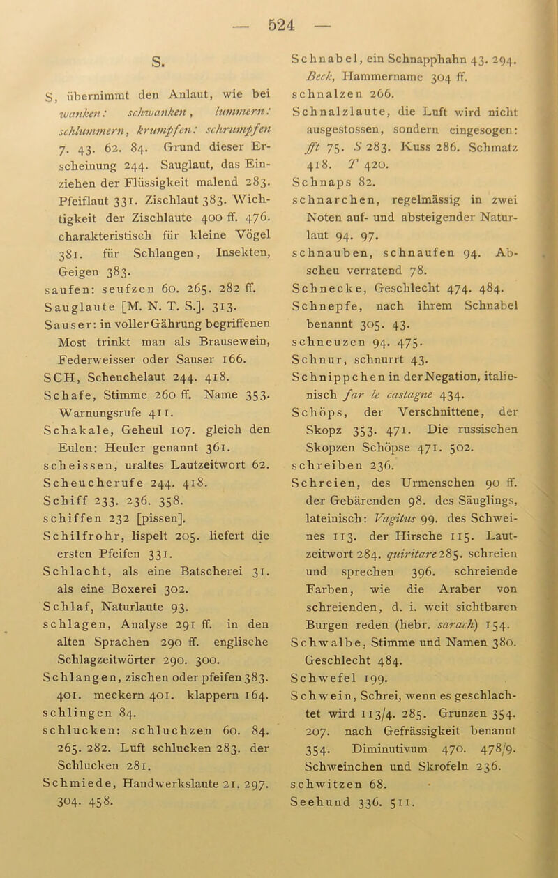 S. s, übernimmt den Anlaut, wie bei wanken: schwanken , lummem: schlummern, krumpfen: schrumpfen 7. 43. 62. 84. Grund dieser Er- scheinung 244. Sauglaut, das Ein- ziehen der Flüssigkeit malend 283. Pfeiflaut 331. Zischlaut 383. Wich- tigkeit der Zischlaute 400 ff. 476. charakteristisch für kleine Vögel 381. für Schlangen, Insekten, Geigen 383. saufen: seufzen 60. 265. 282 ff. Sauglaute [M. N. T. S.]. 313. Sauser: in vollerGährung begriffenen Most trinkt man als Brausewein, Federweisser oder Sauser 166. SCH, Scheuchelaut 244. 418. Schafe, Stimme 260 ff. Name 353- Warnungsrufe 411. Schakale, Geheul 107. gleich den Eulen: Heuler genannt 361. scheissen, uraltes Lautzeitwort 62. Scheucherufe 244. 418. Schiff 233. 236. 358. schiffen 232 [pissen]. Schilfrohr, lispelt 205. liefert die ersten Pfeifen 331. Schlacht, als eine Batscherei 31. als eine Boxerei 302. Schlaf, Naturlaute 93. schlagen, Analyse 291 ff. in den alten Sprachen 290 ff. englische Schlagzeitwörter 290. 300. Schlangen, zischen oder pfeifen383- 401. meckern 401. klappern 164. schlingen 84. schlucken: schluchzen 60. 84. 265. 282. Luft schlucken 283. der Schlucken 281. Schmiede, Handwerkslaute 21. 297. 304. 458. Schnabel, ein Schnapphahn 43. 294. Deck, Hammername 304 ff. schnalzen 266. Schnalzlaute, die Luft wird nicht ausgestossen, sondern eingesogen: Jft 75. S 283. Kuss 286. Schmatz 418. T 420. Schnaps 82. schnarchen, regelmässig in zwei Noten auf- und absteigender Natur- laut 94. 97. schnauben, schnaufen 94. Ab- scheu verratend 78. Schnecke, Geschlecht 474. 484. Schnepfe, nach ihrem Schnabel benannt 305. 43. schneuzen 94. 475. Schnur, schnurrt 43. Schnippchen in der Negation, italie- nisch far le castagne 434. Schöps, der Verschnittene, der Skopz 353. 471. Die russischen Skopzen Schöpse 471. 502. schreiben 236. Schreien, des Urmenschen 90 ff. der Gebärenden 98. des Säuglings, lateinisch: Vagitus 99. des Schwei- nes 113. der Hirsche 115. Laut- zeitwort 284. quiritare285. schreien und sprechen 396. schreiende Farben, wie die Araber von schreienden, d. i. weit sichtbaren Burgen reden (hebr. sarach) 154. Schwalbe, Stimme und Namen 380. Geschlecht 484. Schwefel 199. Schwein, Schrei, wenn es geschlach- tet wird 113/4. 285. Grunzen 354. 207. nach Gehässigkeit benannt 354. Diminutivum 470. 478/9. Schweinchen und Skrofeln 236. schwitzen 68. Seehund 336. 511.
