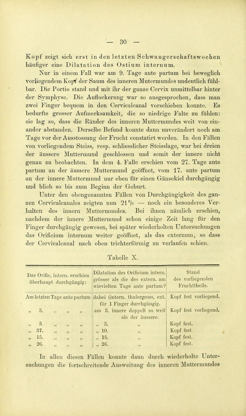 Kojif zeigt sich erst in den letzten Scliwaugerschaftswochen häufiger eine Dilatation des Ostium internum. Nur in einem Fall war am 9. Tage ante partum bei beweglich vorliegendem Ko|?f der Saum des inneren Mutermundes undeutlich fühl- bar. Die Portio stand und mit ihr der ganze Cervix unmittelbar hinter der Symphyse. Die Auflockerung war so ausgesprochen, dass man zwei Finger bequem in den Cervicalcanal vorschieben konnte. Es bedurfte grosser Aufmerksamkeit, die so niedrige Falte zu fühlen: sie lag so, dass die Ränder des inneren Muttermundes weit von ein- ander abstanden. Derselbe Befund konnte dann unverändert noch am Tage vor der Ausstossung der Frucht constatirt werden. In den Fällen von vorliegendem Steiss, resp. schliesslicher Steisslage, war bei dreien der äussere Muttermund geschlossen und somit der innere nicht genau zu beobachten. In dem 4. Falle erschien vom 27. Tage ante partum an der äussere Muttermund geöffnet, vom 17. ante partum an der innere Muttermund nur eben für einen Gänsekiel durchgängig und blieb so bis zum Beginn der Geburt. Unter den obengenannten Fällen von Durchgängigkeit des gan- zen Cervicalcauales zeigten nun 21°/o — noch ein besonderes Ver- halten des Innern Muttermundes. Bei ihnen nämlich erschien, nachdem der innere Muttermund schon einige Zeit lang für den Finger durchgängig gewesen, bei später wiederholten Untersuchungen das Orificium internum weiter geöffnet, als das externum, so dass der Cervicalcanal nach oben trichterförmig zu verlaufen schien. Tabelle X. Das Orific. intern, erschien üljerhaupt durchgängig: Dilatation des Orificium intern, grösser als die des extern, am wievielten Tage ante partum? Stand des vorliegenden Fruchttheils. Am letzten Tage ante partum dabei (intern, tlialergross, ext. Kopf fest vorliegend. für 1 Finger durchgängig. „ 3 am 3. innere doppelt so weit Kopf fest vorliegend. als der äussere. „ 3. „ 3. Kopf fest. » 37. Kopf fest. 15. „ 15. Kopf fest. „ 26. „ „ ,. 2G. Kopf fest. In allen diesen Fällen konnte dann durch wiederholte Unter- suchungen die fortschreitende Ausweitung des inneren Muttermundes