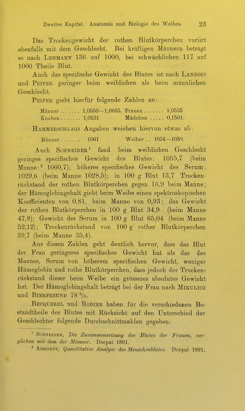 Das Trockengewicht der rothen Blutkörperclien variirt ebenfalls mit dem Geschlecht. Bei kräftigen Männern beträgt es nach Lehmann 136 auf 1000, bei schwächlichen 117 auf 1000 Theile Blut. Auch das specifische Gewicht des Blutes ist nach Landois und Peiper geringer beim weiblichen als beim männlichen Geschlecht. Peiper giebt hierfür folgende Zahlen an: Männer 1,0550—1,0665, Frauen 1,0535 Knaben 1,0521 Mädchen 0,1501. Hammerschlags Angaben weichen hiervon etwas ab: Männer 1061 Weiber.. 1054-1059. Auch Schneider^ fand beim weiblichen Geschlecht geringes specifisches Gewicht des Blutes: 1055,7 (beim Manne:^ 1060,7); höheres specifisches Gewicht des Serum: 1029,6 (beim Manne 1028,5); in 100 g Blut 13,7 Trocken- rückstand der rothen Blutkörperchen gegen 16,9 beim Manne; der Hämoglobingehalt giebt beim Weibe einen spektroskopischen Koefficienten von 0,81, beim Manne von 0,93 ; das Gewicht der rothen Blutkörperchen in 100 g Blut 34,9 (beim Manne 47,8); Gewicht des Serum in 100 g Blut 65,04 (beim Manne 52,12); Trockenrückstand von 100 g' rother Blutkörperchen 39,7 (beim Manne 35,4). Aus diesen Zahlen geht deutlich hervor, dass das Blut der Frau geringeres specifisches Gewicht hat als das des Mannes, Serum von höherem specifischen Gewicht, weniger Hämoglobin und rothe Blutkörperchen, dass jedoch der Trocken- rückstand dieser beim Weibe ein grösseres absolutes Gewicht hat. Der Hämoglobingehalt beträgt bei der Frau nach Mikulicz und Biererbund 78 7o. Becquerel und Kodier haben für die verschiedenen Be- standtheile des Blutes mit Rücksicht auf den Unterschied der Geschlechter folgende Durchschnittszahlen gegeben: ' Schneider, Die Zusammensetzung des Blutes der Frauen, ver- glichen mit dem der Männer. Dorpat 1891. * Arronet, Quantitative Analyse des Menschenblutes. Dorpat 1891.