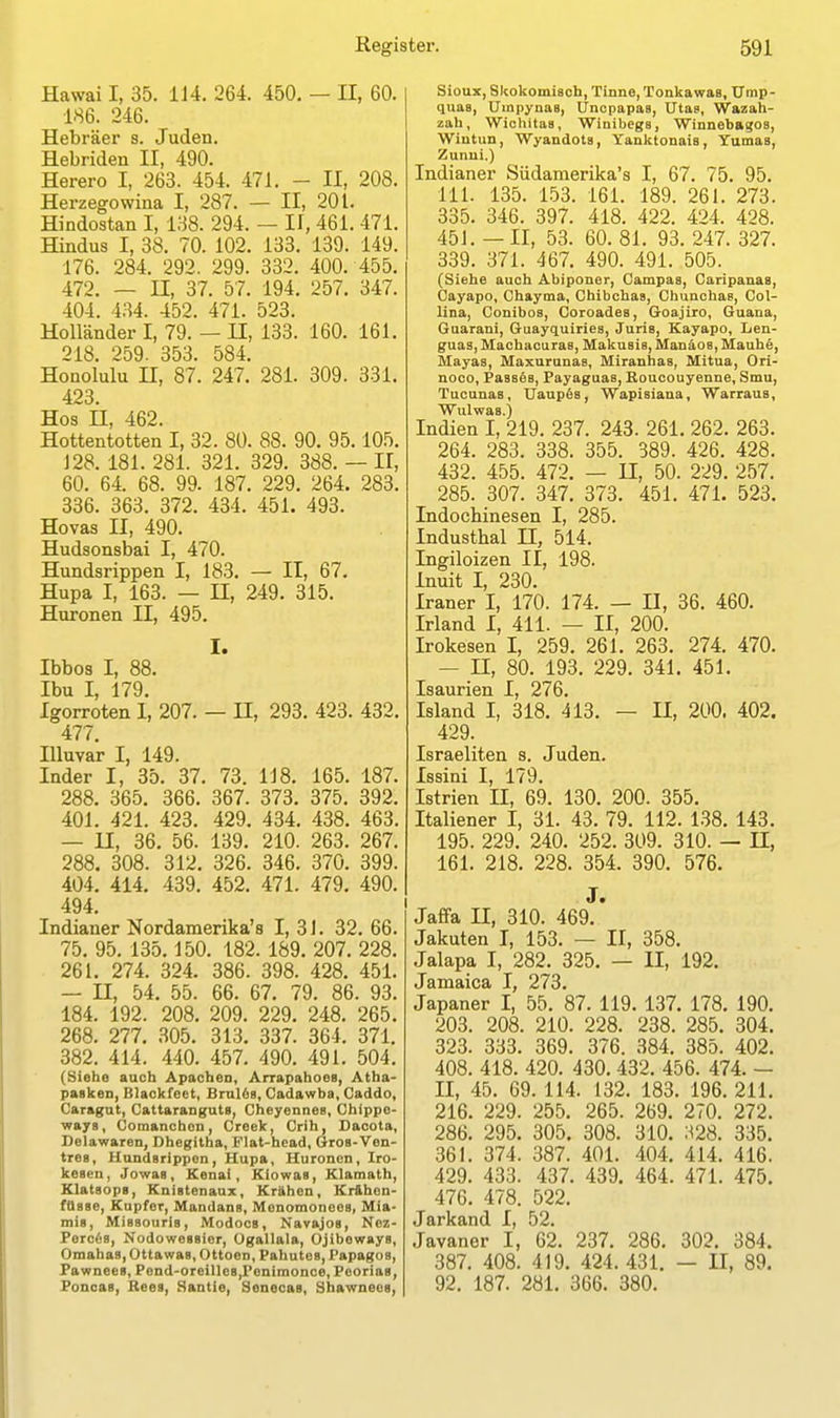 Hawai I, 35. 1J4. 264. 450. — II, 60. 186. 246. Hebräer s. Juden. Hebriden II, 490. Herero I, 263. 454. 471. - II, 208. Herzegowina I, 287. — II, 201. Hindostan I, 138. 294. — II, 461. 471. Hindus I, 38. 70. 102. 133. 139. 149. 176. 284. 292. 299. 332. 400. 455. 472. — II, 37. 57. 194. 257. 347. 401. 434. 452. 471. 523. Holländer I, 79. — II, 133. 160. 161. 218. 259. 353. 584. Honolulu II, 87. 247. 281. 309. 331. 423. Hos II, 462. Hottentotten I, 32. 80. 88. 90. 95.105. 128. 181. 281. 321. 329. 388. — II, 60. 64. 68. 99. 187. 229. 264. 283. 336. 363. 372. 434. 451. 493. Hovas II, 490. Hudsonsbai I, 470. Hundsrippen I, 183. — II, 67. Hupa I, 163. — II, 249. 315. Huronen II, 495. I. Ibbos I, 88. Ibu I, 179. Igorroten I, 207. — II, 293. 423. 432. 477. Illuvar I, 149. Inder I, 35. 37. 73. 118. 165. 187. 288. 365. 366. 367. 373. 375. 392. 401. 421. 423. 429. 434. 438. 463. — II, 36. 56. 139. 210. 263. 267. 288. 308. 312. 326. 346. 370. 399. 404. 414. 439. 452. 471. 479. 490. 494. Indianer Nordamerika^ I, 31. 32. 66. 75. 95. 135.150. 182. 189. 207. 228. 261. 274. 324. 386. 398. 428. 451. — II, 54. 55. 66. 67. 79. 86. 93. 184. 192. 208. 209. 229. 248. 265. 268. 277. 305. 313. 337. 364. 371. 382. 414. 440. 457. 490. 491. 504. (Siehe auch Apachen, AirapahooB, Atha- pasken, Blackfeet, Brulen, Cadawba, Caddo, Caragut, Cattaranguts, Cheyennes, Chippe- ways, Comanchen, Creek, Crih, Dacota, De la waren, Dhegitha, Flat-hcad, Groa-Ven- tros, HundBrippon, Hupa, Huronen, Iro- kesen, Jowas, Kenai, Kiowas, Klamath, KlatBops, Knistenaux, Krähen, Kr&hon- fttsse, Kupfer, Mandans, Menomoneos, Mia- mis, MiBBouris, Modocs, Navajos, Nez- Porces, Nodoweasier, ügallala, Ojibeways, Omahas, OttawaB, Ottoen, PahuteB, Papagos, Pawnees, Pond-oreille8,Penimonce, Peorias, Poncas, Rees, Hantie, SenecaB, Shawnees, Sioux, Skokomiach, Tinne, Tonkawaa, TJmp- quaa, Umpynas, Uncpapas, Utas, Wazah- zah, Wichita8, Winibegs, Winnebagoa, Wiutun, Wyandots, Yanktonaia, Yumas, Zunni.) Indianer Südamerika^ I, 67. 75. 95. III. 135. 153. 161. 189. 261. 273. 335. 346. 397. 418. 422. 424. 428. 451. — II, 53. 60. 81. 93. 247. 327. 339. 371. 467. 490. 491. 505. (Siehe auch Abiponer, Campas, Caripana8, Cayapo, Chayma, Chibchas, Chunchas, Col- lina, Conibos, Coroades, Goajiro, Guana, Guarani, Guayquiries, Juris, Kayapo, Len- guas, Machacuras, Makusis, Manäoa, Mauhe, Mayas, Maxurunas, Miranhas, Mitua, Ori- noco, PassGs, Payaguas, Boucouyenne, Smu, TucunaB, Uaupes, Wapisiana, Warraua, Wulwaa.) Indien I, 219. 237. 243. 261. 262. 263. 264. 283. 338. 355. 389. 426. 428. 432. 455. 472. — U, 50. 229. 257. 285. 307. 347. 373. 451. 471. 523. Indocbinesen I, 285. Industbal II, 514. Ingiloizen II, 198. Inuit I, 230. Iraner I, 170. 174. — II, 36. 460. Irland I, 411. — II, 200. Irokesen I, 259. 261. 263. 274. 470. — H, 80. 193. 229. 341. 451. Isaurien I, 276. Island I, 318. 413. — II, 200. 402. 429. Israeliten s. Juden. Issini I, 179. Istrien II, 69. 130. 200. 355. Italiener I, 31. 43. 79. 112. 138. 143. 195. 229. 240. 252. 309. 310. — II, 161. 218. 228. 354. 390. 576. J. Jaffa II, 310. 469. Jakuten I, 153. — II, 358. Jalapa I, 282. 325. — II, 192. Jamaica I, 273. Japaner I, 55. 87. 119. 137. 178. 190. 203. 208. 210. 228. 238. 285. 304. 323. 333. 369. 376. 384. 385. 402. 408. 418. 420. 430. 432. 456. 474. — II, 45. 69. 114. 132. 183. 196. 211. 216. 229. 255. 265. 269. 270. 272. 286. 295. 305. 308. 310. 328. 335. 361. 374. 387. 401. 404. 414. 416. 429. 433. 437. 439. 464. 471. 475. 476. 478. 522. Jarkand I, 52. Javaner I, 62. 237. 286. 302. 384. 387. 408. 419. 424. 431. — II, 89. 92. 187. 281. 366. 380.