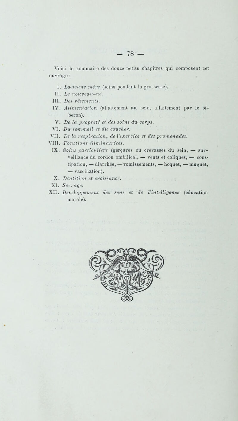 Voici le sommaire des douze petits chapitres qui composent cet ouvrage ; I. La jeune mcy'c (soins pendant la grossesse). II. Le nouveau-né. III. Les vêtements. IV. Alimentation (allaitement au sein, allaitement par le bi- beron). V. De la propreté et des soins du corps. VI. Du sommeil et du coucher. VII. De la respiration, de Vexercice et des promenades. VIII. Fonctions éliminatrices. IX. Soins particuliers (gerçures ou crevasses du sein, — sur- veillance du cordon ombilical, — vents et coliques, — cons- tipation, — diarrhée, — vomissements, — hoquet, — muguet, — vaccination). X. D entition et croissance. XI. Sevrage. XII. Développement des sens et de l’intelligence (éducation morale).