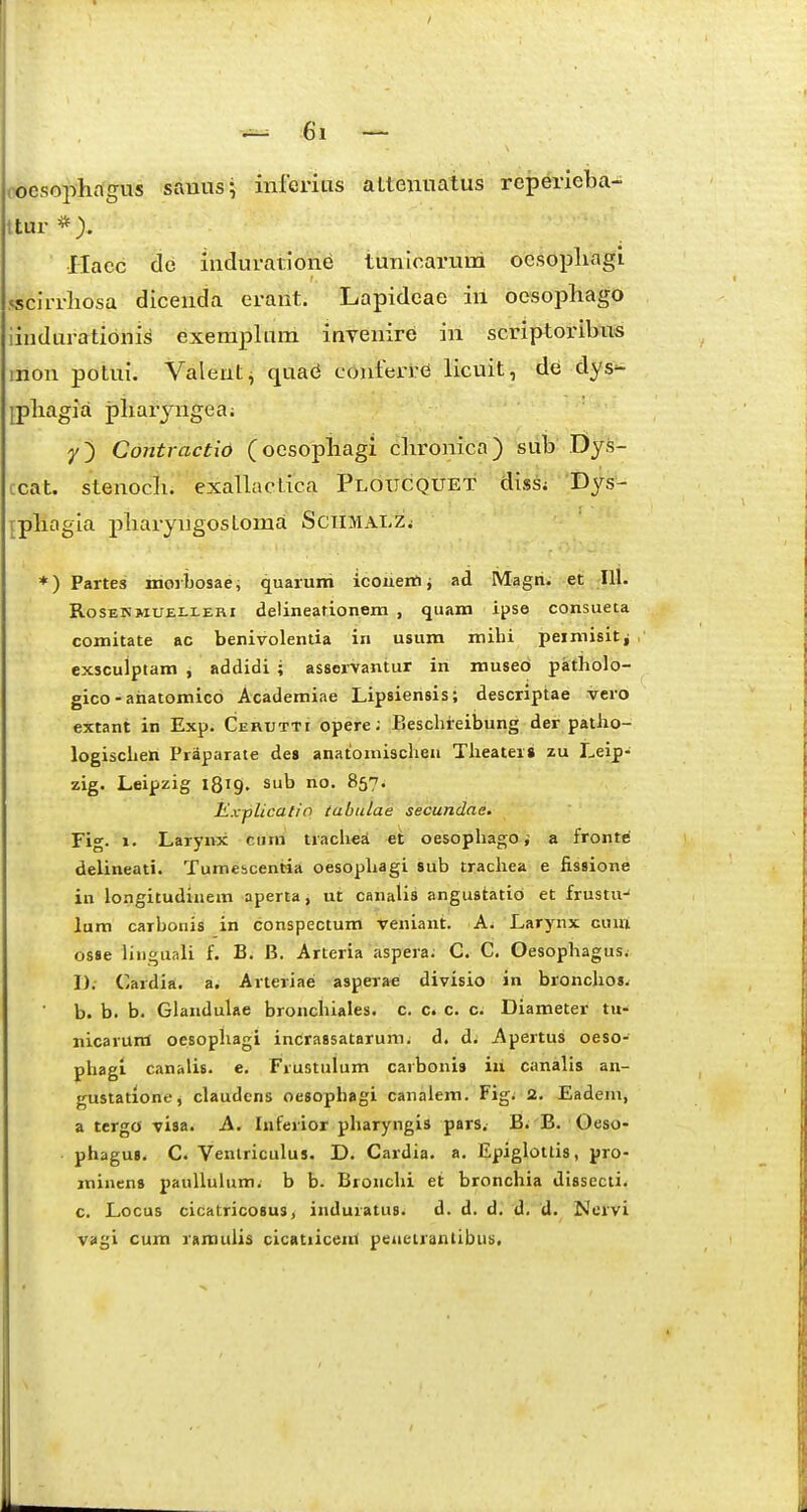 coesophagus sanus- infcrius aLlenuatus rcperieba- ttur *). Haec de induratione tunicaruni ocsopliagi «scirrliosa dicenda erant. Lapideae iil oesophago iindurationis exemplum invenire in scriptoribiis mon potui. Valent^ quad conlerre licuit, de dys- jpliagia piiaryrigea; Contractid (oesoplaagi ciironica) sub Dys- ccat. stenocli. exallacLica Ploiicquet diss; Dys- tpliagia pbaryngosLoma Sciimalzj *) Partes moibosae, quaruiri icoueitij ad Magri. et IU. RoSEHMUEi-LERi delineationem , quam Ipse consueta comitate ac benivolentia in usum mihi peimisitj exscuiptam , addidi ; asseivantur in museb patholo- gico-ariatomico Academiae Lipsiensis; descriptae vero extant in Exp; Cerutti opere; Eeschieibung der patho- logischett Praparate des anatoinischen Theaters zu Leip- zig. Leipzig 1819. sub no. 857. li.vplicalio tabulae secundae. Fig. 1. Larynx ciim tracli€£i et oesophago, a fronte delineati. Tumescentaa oesopliagi sub trachea e fissione in longitudinem aperta, ut canalis angustatio et frustu- lum carboriis in conspectum veniant. A. Larynx cuui osse lin^uali f. B. B. Arteria aspera; C. C. Oesophagus. IJ; Cardia. a. Arteriae asperae divisio in bronchoj^ b. b. b. Glandulae bronchiales. c. c. c. c. Diameter tu- nicaruid oesopliagi incrassataruni; d. d. Apertus oeso- phagi canalis. e. Frustulum carbonis iii canalis an- gustatione, claudens oesophagi canalem. Fig. 2. Eadein, a tergo visa. A. Inferior pharyngis pars. B. B. Oeso- phaguB. C Venlriculus. D. Cardia. a. Epigloilis, pro- minen» pauUulum. b b. Bronchi et bronchia dissecti. c. Locus cicatricosus, induratus. d. d. d. d. d. Ncrvi vagi cum rsraulis cicatiicettl peueiranlibus.