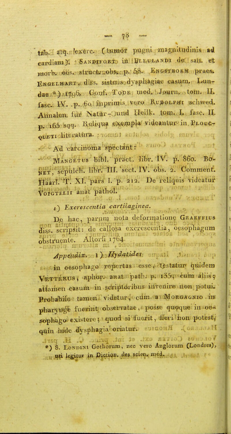 taTj. ^tii.rtorc Ct^isaor pi^gnl magjaltudlnls ad cardiaoai ji • €andiforX:;> in !Bi-eulandi d^ sah. et niork •;ojcis..-3trucfc^:jObtef,p..' ^..' Engsthoem praes, ENOELHJJi'r ,( difs. siatoJs-jdy^phagke ca&um, Lrun- dae.*.)At74)& Gpof, ^QPe. wed. !JftTiinii.,a.om. II. fasc. IV. .p..c6o.;Sjiprimis.lve.w KupoLPiii «cliwed. Aimalan. fui» Natiirrlr^uud Ileilk. .to^i.. I. fasc. II. p.. ifi5^'sqq. lleiiquf .§>c^wpH vidQawtur-.in.ELouc^ qivsTi .literalUra. ,- -lorfWJt {ifiJu !•>■ , mU f . c^i-cirioma 'spect^nt: ■ ' t a th o ■ *^'^'''rfiiJfe'i^u8'Bi*ftl.-'gW'ct\' liin\ IV. p. 860. Ba- WETj^sepulcK. librV^TII. 'sect. IV. obs. 2. Comraent. j§aart.''Ti XI. pars' I.'p. iaia. De reliquis vidcatui* VbiGTELir anat pathol 1 .t*: .n:-; .ci .1 t') Excrescentia cartilagiiiea. . Do hac, parpn} no.la deformatlonQ Gkaeffius iss scnpslt: de caljosa excrescenlia, oesophagiim /^.orjin oesophago' roliertas .'6sse:^.J1.>statur fc[uidem ViBTTEliU8< aphoiv aHat.f path; i35',' cum alii.s attamen casum in sc^rijitriribus inveriire non potui. Probahile tamen videtur; cUm. a : Morgagnio . in pharyMgi fuewnt: observatae,- posse quoque^ iuloo-i sopliago< exi.«^tore ^' quod si fuefit, iiWiiiion: potest^ qtjin .in!de .tfysphagia; oriatur^' fuiaotifl .Qofi.-.j.iAH *) S. LoNDiNi Gotliorum, nec veio Anglorum (Londres), iegitut in iJictioJp. _<ic» scien.. mc^j.j A .