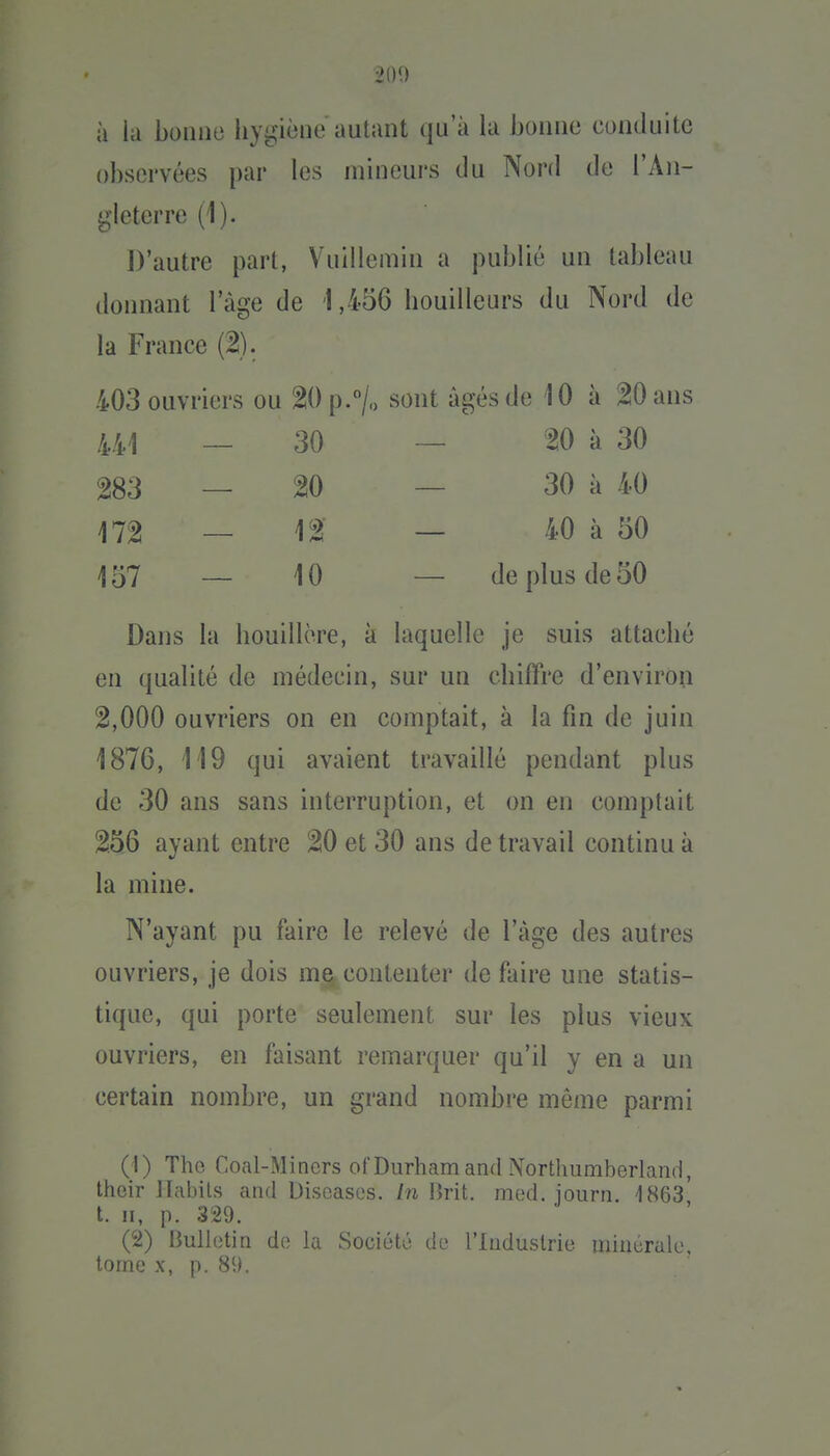 à la boiiiie iiygiène autant qu'à la bonne conduite observées par les mineurs tlu Nord de l'An- gleterre (1). D'autre part, Vuillemin a publié un tableau donnant l'âge de 1,456 bouilleurs du Nord de la France (2). 403 ouvriers ou 2!()p.Vo sont âgés de 10 à 20 ans 441 — 30 — 20 à 30 283 — 20 — 30 à 40 m — 12 — 40 à 50 157 — 10 — de plus de 50 Dans la bouillcre, à laquelle je suis attacbé en qualité de médecin, sur un cbiffre d'environ 2,000 ouvriers on en comptait, à la fin de juin 1876, 119 qui avaient travaillé pendant plus de 30 ans sans interruption, et on en comptait 256 ayant entre 20 et 30 ans de travail continu à la mine. N'ayant pu faire le relevé de l'âge des autres ouvriers, je dois me contenter de faire une statis- tique, qui porte seulement sur les plus vieux ouvriers, en faisant remarquer qu'il y en a un certain nombre, un grand nombre même parmi (1) Tho Coal-Mincrs ofDurhamand Northiimberland, their Habits and Disoases. in Brit. mod. iourri. 1863 t. !i, p. 329. (2) lîullotin de la Sociùtô de riiiduslrie minérale, tome X, p. 89.