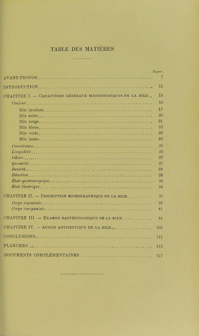 TABLE DES MATIÈRES rages. AVANT-PROPOS 7 INTRODUCTION 11 CHAPITRE I. — Caractères généraux macroscopiques de la bile.. 13 Couleur 13 Bile incolore 17 Bile noire 20 Bile rouge 21 Bile bleue 22 Bile verte 22 Bile jaune 24 Consistance 25 Limpidité 26 Odeur 27 Quantité 27 Densité 29 Réaction 29 Etat spectroscopique 30 Etat électrique 34 CHAPITRE II. — Description micrographique de la bile 35 Corps organisés 37 Corps inorganisés 41 CHAPITRE III. — Examen bactériologique de la bile 44 CHAPITRE IV. - Action antiseptique de la bile 102 CONCLUSIONS lli PLANCHES 113 DOCUMENTS COMPLÉMENTAIRES 117