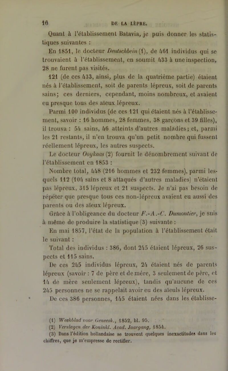 Quant à rétablissement Batavia, je puis donner les statis- tiques suivantes : En 1851, le docteur Deutschbein (1), de 461 individus qui se trouvaient à l’établissement, en soumit /i33 à une inspection, 28 ne furent pas visités. 121 (de ces 433, ainsi, plus de la quatrième partie) étaient nés à l’établissement, soit de parents lépreux, soit de parents sains; ces derniers, cependant, moins nombreux, et avaient eu presque tous des aïeux lépreux. Parmi 100 individus (de ces 121 qui étaient nés à l’établisse- ment, savoir : 16 hommes, 28 femmes, 38 garçons et 39 filles), il trouva : 54 sains, 46 atteints d’autres maladies; et, parmi les 21 restants, il n’en trouva qu’un petit nombre qui fussent réellement lépreux, les autres suspects. Le docteur Ooykaas('2) fournit le dénombrement suivant de l’établissement en 1853 : Nombre total, 448 (216 hommes et 232 femmes), parmi les- quels 112 (104 sains et 8 attaqués d’autres maladies) n’étaient pas lépreux, 315 lépreux et 21 suspects. Je n’ai pas besoin de répéter que presque tous ces non-lépreux avaient eu aussi des parents ou des aïeux lépreux. Grâce l’obligeance du docteur F.-A.-C. Dumontier, je suis iï même de produire la statistique (3) suivante : En mai 1857, l’état de la population à l’établissement était le suivant : Total des individus : 386, dont 245 étaient lépreux, 26 sus- pects et 115 sains. De ces 245 individus lépreux, 24 étaient nés de parents lépreux (savoir : 7 de père cl de mère, 3 seulement de père, cl 14 de mère seulement lépreux), tandis qu’aucune de ces 245 personnes ne sc rappelait avoir eu des aïeuls lépreux. De ces 386 personnes, 145 étaient nées dans les élablissc- (1) Weekblad voor Geneesk., 1852, bl. 95. (2) Verslagen der Koninkl. Acad. Jaargang, 1854. (3) Dans l’édition hollandaise se trouvent quelques inexactitudes dans les chiffres, que je m’empresse de rectifier.