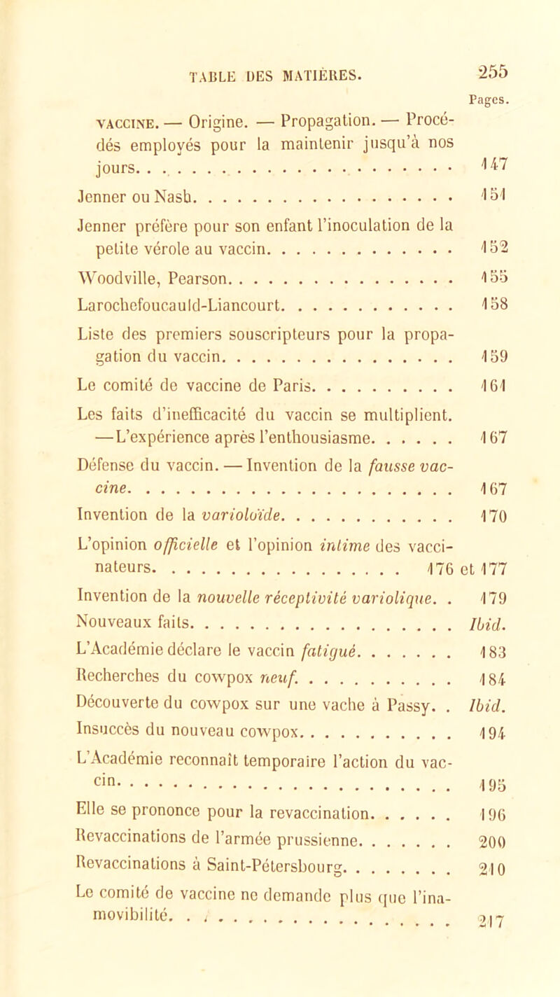 Pages. vaccine. — Origine. — Propagation. — Procé- dés employés pour la maintenir jusqu’à nos jours 4 47 Jenner ou Nasb '151 Jenner préfère pour son enfant l’inoculation de la petite vérole au vaccin 15*2 Woodville, Pearson 155 Larochefoucauid-Liancourt 4 58 Liste des premiers souscripteurs pour la propa- gation du vaccin J 59 Le comité de vaccine de Paris 161 Les faits d’inefficacité du vaccin se multiplient. — L’expérience après l’enthousiasme 167 Défense du vaccin. — Invention de la fausse vac- cine 167 Invention de la varioluïde 170 L’opinion officielle et l’opinion intime des vacci- nateurs 176 et 177 Invention de la nouvelle réceptivité variolique. . 179 Nouveaux faits Ibid. L’Académie déclare le vaccin fatigué 183 Recherches du cowpox neuf. 4 84 Découverte du cowpox sur une vache à Passy. . Ibid. Insuccès du nouveau cowpox 194 L Académie reconnaît temporaire l’action du vac- cin 195 Elle se prononce pour la revaccination 196 Revaccinations de l’armée prussienne 200 Revaccinalions à Saint-Pétersbourg 210 Le comité de vaccine ne demande plus que l’ina- movibilité. .j 217