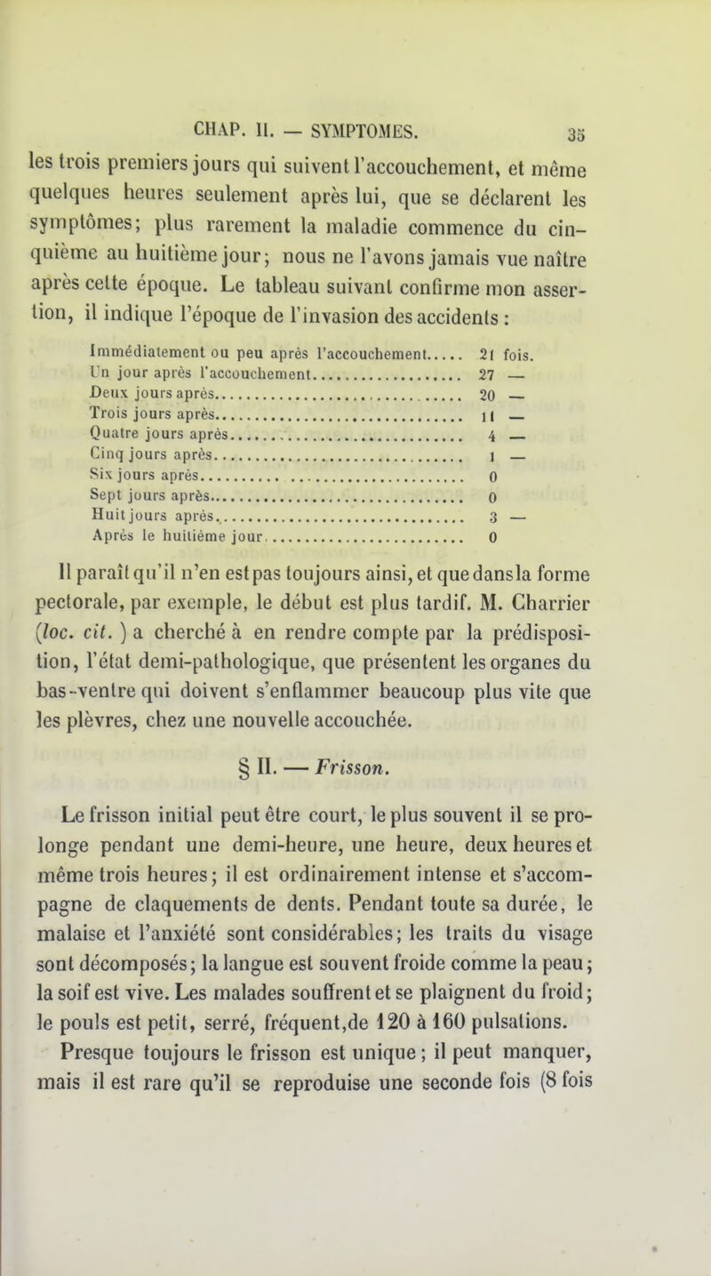 les trois premiers jours qui suivent l'accouchement, et même quelques heures seulement après lui, que se déclarent les symptômes; plus rarement la maladie commence du cin- quième au huitième jour; nous ne l'avons jamais vue naître après celte époque. Le tahleau suivant confirme mon asser- tion, il indique l'époque de l'invasion des accidents : Immédialement ou peu après l'accouchement 21 fois. Un jour après l'accouchement 27 — Deux jours après 20 Trois jours après H Quatre jours après 4 Cinq jours après 1 Six jours après 0 Sept jours après 0 Huit jours après. 3 — Après le huitième jour 0 11 paraît qu'il n'en est pas toujours ainsi, et que dansla forme pectorale, par exemple, le début est plus tardif. M. Charrier [îoc. cit. ) a cherché à en rendre compte par la prédisposi- tion, l'état demi-pathologique, que présentent les organes du bas-ventre qui doivent s'enflammer beaucoup plus vite que les plèvres, chez une nouvelle accouchée. § II. — Frisson. Le frisson initial peut être court, le plus souvent il se pro- longe pendant une demi-heure, une heure, deux heures et même trois heures; il est ordinairement intense et s'accom- pagne de claquements de dents. Pendant toute sa durée, le malaise et l'anxiété sont considérables ; les traits du visage sont décomposés ; la langue est souvent froide comme la peau ; la soif est vive. Les malades souffrent et se plaignent du froid; le pouls est petit, serré, fréquent,de 120 à 160 pulsations. Presque toujours le frisson est unique ; il peut manquer, mais il est rare qu'il se reproduise une seconde fois (8 fois