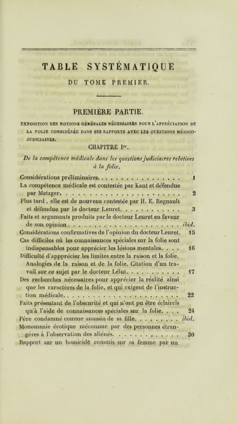 TABLE SYSTÉMATIQUE DU TOME PREMIER. PREMIÈRE PARTIE. EXPOSITION DES NOTIONS GÉNÉRALES NÉCESSAIRES POUR L’APPRECIATION DE LA FOLIE CONSIDÉRÉE DANS SES RAPPORTS AVEC LES QUESTIONS MEDICO- JUDICIAIRES. CHAPITRE I. De la compétence médicale dans les questions judiciaires relatives à la folie. Considérations préliminaires 1 La compétence médicale est contestée par Kant et défendue par Metzger 2 Plus tard , elle est de nouveau contestée par H. E. Régnault et défendue par le docteur Leuret 3 Faits et arguments produits parle docteur Leuret en faveur de son opinion ibid. Considérations confirmatives de l’opinion du docteur Leuret. 1 o Cas difficiles où les connaissances spéciales sur la folie sont indispensables pour apprécier les lésions mentales. ... 16 Difficulté d’appprécier les limites entre la raison et la folie. Analogies de la raison et de la folie. Citation d’un tra- vail sur ce sujet par le docteur Lélut 17 Des recherches nécessaires pour apprécier la réalité ainsi que les caractères de la folie, et qui exigent de l’instruc- tion médicale 22 Faits présentant de l’obscurité et qui n’ont pu être éclaircis qu’à l’aide de connaissances spéciales sur la folie. ... 24 Père condamné comme assassin de sa fille. . ibid. Monomanie érotique méconnue par des personnes étran- gères à l’observation des aliénés 30 Rapport sur un homicide commis sur sa femme par un