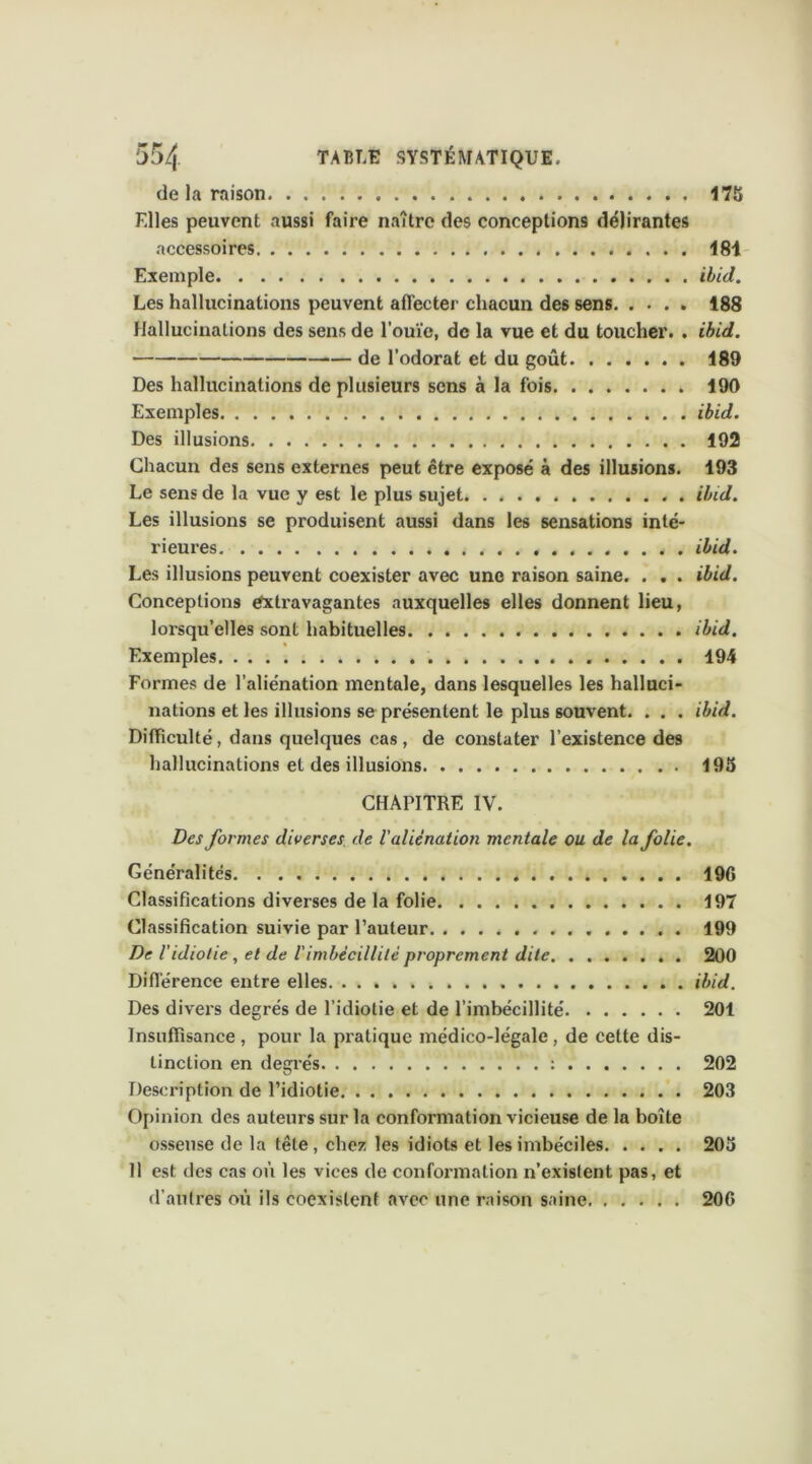 de la raison 173 Elles peuvent aussi faire naître des conceptions délirantes accessoires 181 Exemple ibid. Les hallucinations peuvent affecter chacun des sens 188 Hallucinations des sens de l’ouïe, de la vue et du toucher. . ibid. de l’odorat et du goût 189 Des hallucinations de plusieurs sens à la fois 190 Exemples ibid. Des illusions 192 Chacun des sens externes peut être exposé à des illusions. 193 Le sens de la vue y est le plus sujet ibid. Les illusions se produisent aussi dans les sensations inté- rieures ibid. Les illusions peuvent coexister avec une raison saine. . . . ibid. Conceptions extravagantes auxquelles elles donnent lieu, lorsqu’elles sont habituelles ibid. Exemples 194 Formes de l’aliénation mentale, dans lesquelles les halluci- nations et les illusions se présentent le plus souvent. . . . ibid. Difficulté, dans quelques cas, de constater l’existence des hallucinations et des illusions 193 CHAPITRE IV. Des formes diverses de laliénation mentale ou de la folie. Généralités 190 Classifications diverses de la folie 197 Classification suivie par l’auteur 199 De l'idiotie , et de l'imbécillité proprement dite 200 Différence entre elles ibid. Des divers degrés de l’idiotie et de l’imbécillité 201 Insuffisance , pour la pratique médico-légale , de cette dis- tinction en degrés : 202 Description de l’idiotie 203 Opinion des auteurs sur la conformation vicieuse de la boîte osseuse de la tête , chez les idiots et les imbéciles 203 11 est des cas où les vices de conformation n’existent pas, et d’autres où ils coexistent avec une raison saine 20G