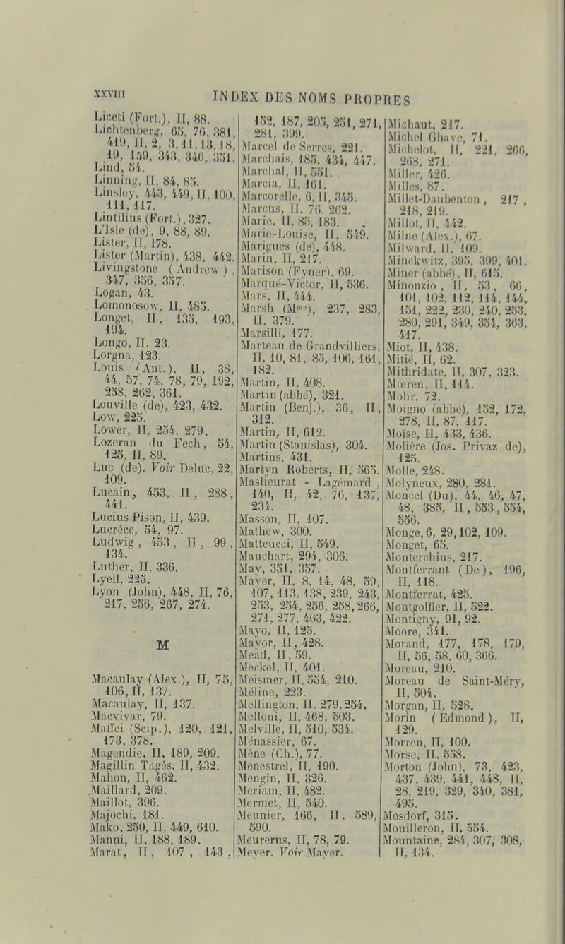 Licdti (Fori;.), II, 88. LiRlil:(Mii)(<r;;, 7(), 381, ^^nt, 11.2, :Mi,ia,i8, 19, 159, m, 34(3, LiihI, 54. liimiiii^', 11, 84, 8j. Liiisley, W.i, 449,11, 100, 111,117. LiiUilins (Fort.),327. L'isli 9, 88, 89. Li.st('r, 11, 178. Lister (Martin), 438, 442. Livingstone ( Andrew ) , 347, :V6G, 337. Logan, 43. Lonionosow, II, 485. Longot, II, 135, 193, 194. Longo, II, 23. Lorgna, 123. Louis 'A\n.), U, 38, 44, 57'. 74, 78, 79, 192, 238, 262, 3G1. Louville (de), 423, 432. Low, 223. Lower, II, 234, 279. Lozeran du Fech, 54, 125, II, 89. Luc (de). Voir Deluc, 22, 109. Lucain, 453, II, 288, 441. Lucius Piàon, II, 439. Lucrèce, 54, 97. Ludwig, 453, II, 99, 134. Luther, II, ,330. Lyell, 225. Lyon (John), 448, II, 76, 217, 256, 267, 274. M Macaulay (Alex.), II, 75, 106, lï, 1.37. Macaulay, H, 137. Macvivar, 79. MafTei (Scip.), 120, 121, 173, .378. iMagendie. II, 189, 209. Magillin Tagès, II, 432. Maiion, II, 462. Maillard, 209. Maillot, 396. Majochi, 181. Mako, 2.30, II, 449, 610. Manni, IL 188, 189. Marat, il, 107, 143, I.32, 187, 205, 251, 271, 281, 399. Marcel de Snrre.s, 22L Marchais, 185, 434, 447. Marchai, 11, 551. Marcia, II, 161. Marcorelle, G, H, 345. Marcus, II. 76. 262. Marie. Il, 85, 18.3. Marie-Louise, II, 349. Marigiies (de), 448. Marin, II, 217. Marison (Fyncr), 69. Marffué-Victor, 11,536. Mars, II, 444. Marsh (M'), 237, 283, II, .379. Marsilli, 177. Marteau de Grandvilliers, II, 10, 81, 83, 106, 161, 182. Martin, IL 408. Martin (ahbé), 321. Martin (Benj.), 36, II, 312. Martin, II, 612. Martin (Stanislas), 304. Martins, 431. Martyn Roberts, II, 563. Maslleurat - Lagéniard , 140, II, 42, 76, 137, 234. Masson, II, 107. Mathew, 300. Matteucci, II, 349. Mauchart, 294, 306. May, 351, 357. Ma'yer, II, 8. 14, 48, 59, 107, 113, 138, 239, 243, 253, 254, 256, 258,266, 271, 277, 403, 422. Mayo, II, 125. Mayor, II, 428. Mekl, II, 59. Meckel, II, 401. Meismor, II, 554, 210. Méline, 223. Mellington, IL 279.254. Melloni, II, 468, 503. Melville, II, 510, 534. Ménassier. 67. Mène (Ch.), 77. Ménestrel, II, 190. Mengin, H, 326. Meriam, II, 482. Mermct, II, 540. Meunier, 166, II, 589, 590. IMeurerus, II, 78, 79. Meyer. Vnir MaA cr. Michaut, 217. Michel Ghave, 71. Michelol, il, 221, 260, 26^, 271. Miller, 426. Milles, 87. .Millet-Daubenlon , 217 , 218, 219. Millot, li, 442. Milnc (Alex.), 67. Milward, II, 109. Minckwitz, 395, 399, 401. .Miner (abbé). H, 615. Minonzio , 11, .33 , 60, 101, 102, 112, 114, 144, 131, 222, 230, 240, 253. 280, 291, 349, 354, 303, 417. Miot, II, 438. Mitié, II, 62. Mithridate, II, 307 , 323. Mœren, II, 114. Mohr, 72. Moigno (abbé), 152, 172, 278, IL 87, 117. Moïse, II, 433, 436. .Molière (Jos. Privaz de), 125. Molle, 248. Molyneux, 280, 281. Moricel (Du), 44, 46, 47, 48, 38,3, II, 553 , 554, 550. xAIonge,e, 29,102, 109. jMonget, 63. Monterchius, 217. Montferrant (De), 196, n, 118. Montferrat, 425. Montgolfier, II, 522. Montigny, 91, 92. Moore, â41. Morand, 177, 178. 179, IL 50, 58, 60, 366. Moreau, 210. Moreau de Saint-Merv, II, 504. ;\Iorgan, II, 528, Morin (Edmond), II, 129. Morren, II, 100. Morse, II, 558. Morton (John), 73, 423, 437. 439, 441. 448. H, 28, 219, 329, 340, 381, 495. Mosdorf, 315. Mouilleron, U, .354. Mountaine, 284, 307, 308, 11, 134.