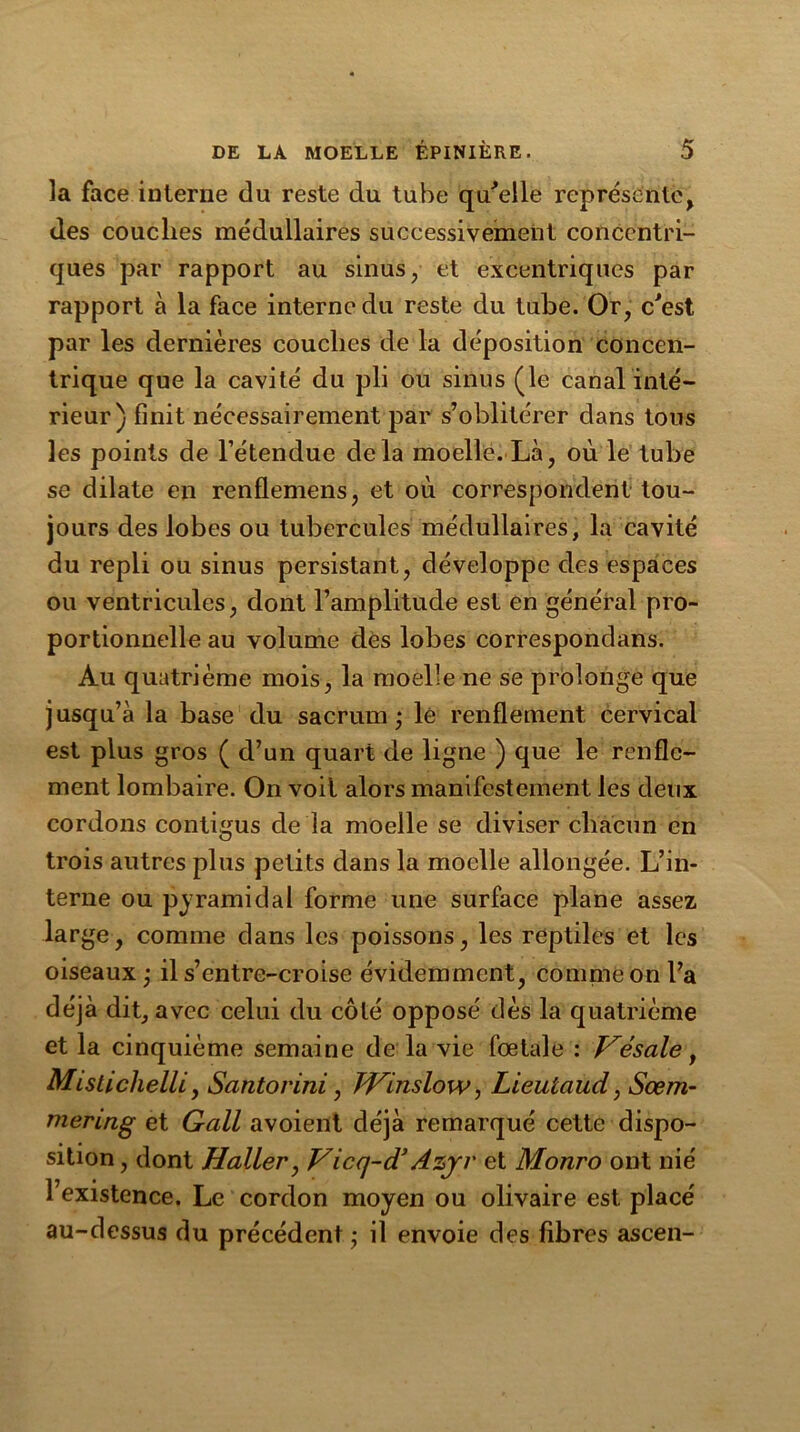la face interne du reste du tube qu'elle représente, des couches médullaires successivement concentri- ques par rapport au sinus, et excentriques par rapport à la face interne du reste du tube. Or, c'est par les dernières couches de la déposition concen- trique que la cavité du pli ou sinus (le canal inté- rieur) finit nécessairement par s’oblitérer dans tons les points de l’étendue delà moelle. Là, où le tube se dilate en renflemens, et où correspondent tou- jours des lobes ou tubercules médullaires, la cavité du repli ou sinus persistant, développe des espaces ou ventricules, dont l’amplitude est en général pro- portionnelle au volume des lobes correspondans. Au quatrième mois, la moelle ne se prolonge que jusqu’à la base du sacrum; lé renflement cervical est plus gros ( d’un quart de ligne ) que le renfle- ment lombaire. On voit alors manifestement les deux cordons contigus de la moelle se diviser chacun en trois autres plus petits dans la moelle allongée. L’in- terne ou pyramidal forme une surface plane assez large, comme dans les poissons, les reptiles et les oiseaux ; il s’entre-croise évidemment, comme on l’a déjà dit, avec celui du côté opposé dès la quatrième et la cinquième semaine de la vie fœtale : Hésale, Mistichelli, Santorini, JHinslow, Lieutaud, Sœm- mering et Gall avoient déjà remarqué cette dispo- sition , dont Haller, Vicq-d* Azyr et Monro ont nié l’existence. Le cordon moyen ou olivaire est placé au-dessus du précédent ; il envoie des fibres ascen-