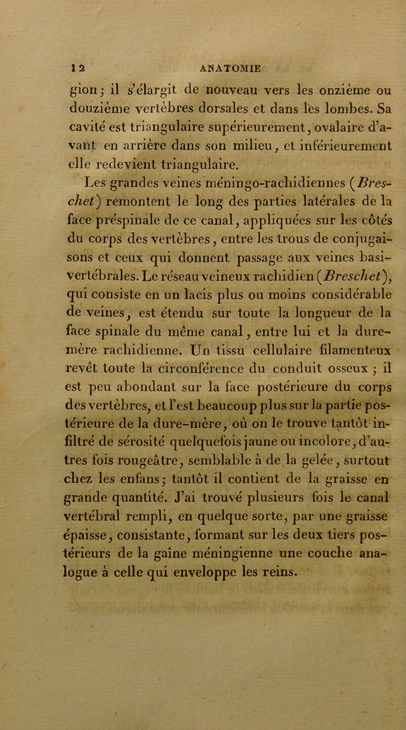 gion; il s’élargit de nouveau vers les onzième ou douzième vertèbres dorsales et dans les lombes. Sa cavité est triangulaire supérieurement, ovalaire d’a- vant en arrière dans son milieu, et inférieurement elle redevient triangulaire. Les grandes veines méningo-rachidiennes (Bres- cliet ) remontent le long des parties latérales de la face préspinale de ce canal, appliquées sur les côtés du corps des vertèbres, entre les trous de conjugai- sons et ceux qui donnent passage aux veines basi- vertébrales. Le réseau veineux rachidien (Breschet), qui consiste en un lacis plus ou moins considérable de veines, est étendu sur toute la longueur de la face spinale du même canal, entre lui et la dure- mère rachidienne. Un tissu cellulaire fdamenteux revêt toute la circonférence du conduit osseux -, il est peu abondant sur la face postérieure du corps des vertèbres, et l’est beaucoup plus sur la partie pos- térieure de la dure-mère, où on le trouve tantôt in- filtré de sérosité quelquefois jaune ou incolore, d’au- tres fois rougeâtre, semblable à de la gelée, surtout chez les enfans; tantôt il contient de la graisse en grande quantité. J’ai trouvé plusieurs fois le canal vertébral rempli, en quelque sorte, par une graisse épaisse, consistante, formant sur les deux tiers pos- térieurs de la gaine méningienne une couche ana- logue à celle qui enveloppe les reins.