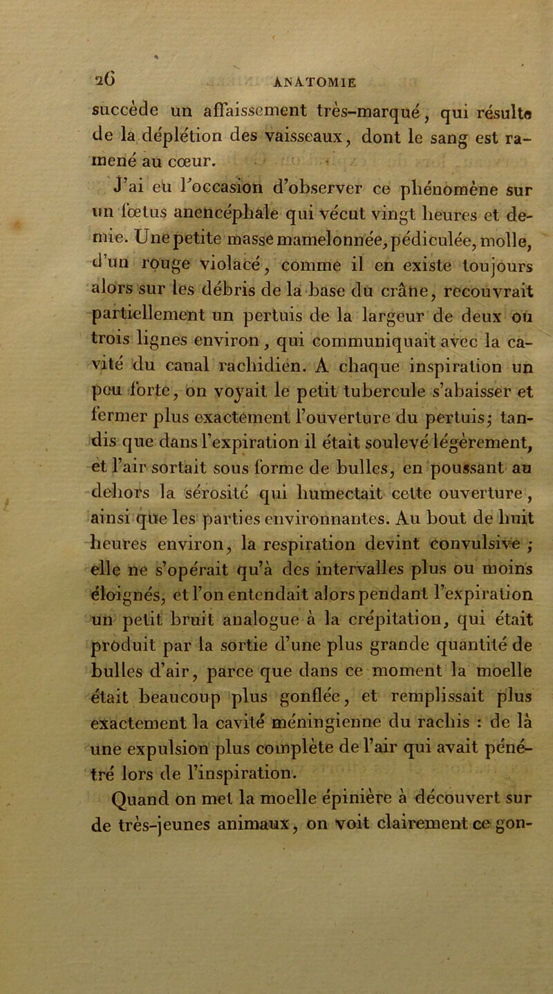 t(3 succède un affaissement très-marqué, qui résulte de la déplétion des vaisseaux, dont le sang est ra- mené au cœur. J’ai eu Foccasion d’observer ce phénomène sur un fœtus anencépliale qui vécut vingt heures et de- mie. Une petite masse mamelonnée, pédiculée, molle, d’un rouge violacé, comme il en existe toujours alors sur les débris de la base du crâtie, recouvrait partiellement un pertuis de la largeur de deux ou trois lignes environ, qui communiquait avec la ca- vité du canal rachidien. A chaque inspiration un peu forte, on voyait le petit tubercule s’abaisser et fermer plus exactement l’ouverture du pertuis; tan- dis que dans l’expiration il était soulevé légèrement, et l’air sortait sous forme de bulles, en poussant au dehors la sérosité qui humectait cette ouverture, ainsi que les parties environnantes. Au bout de Irait heures environ, la respiration devint convulsive ; elle ne s’opérait qu’à des intervalles plus ou moins éloignés, et l’on entendait alors pendant l’expiration un petit bruit analogue à la crépitation, qui était produit par la sortie d’une plus grande quantité de bulles d’air, parce que dans ce moment la moelle était beaucoup plus gonflée, et remplissait plus exactement la cavité méningienne du rachis : de là une expulsion plus complète de l’air qui avait péné- tré lors de l’inspiration. Quand on met la moelle épinière à découvert sur de très-jeunes animaux, on voit clairement ce gon-