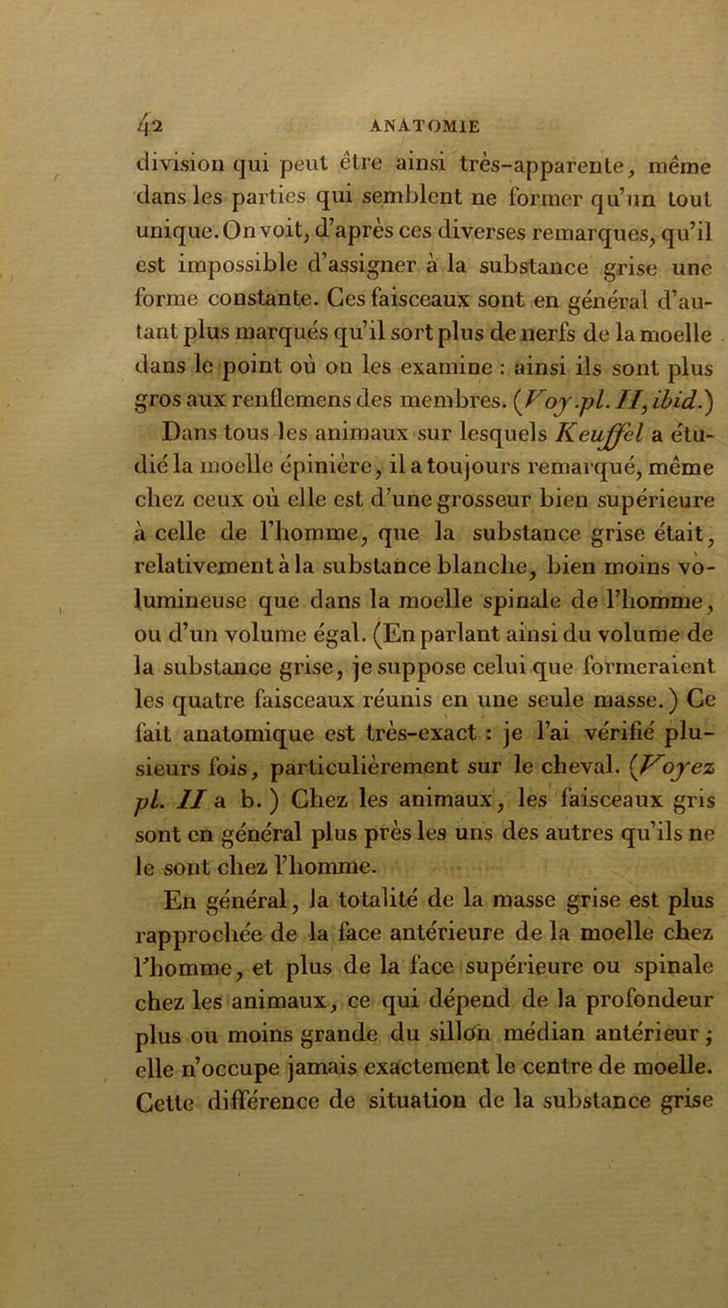 division qui peut être ainsi très-apparente, meme dans les parties qui semblent ne former qu’un tout unique. On voit, d’après ces diverses remarques, qu’il est impossible d’assigner à la substance grise une forme constante. Ces faisceaux sont en général d’au- tant plus marqués qu’il sort plus de nerfs de la moelle dans le point où on les examine : ainsi ils sont plus gros aux renflemens des membres. (Voj.pl. II, ibid.) Dans tous les animaux sur lesquels Keujfel a étu- dié la moelle épinière, il a toujours remarqué, meme chez ceux où elle est d’une grosseur bien supérieure à celle de l’homme, que la substance grise était, relativement à la substance blanche, bien moins vo- lumineuse que dans la moelle spinale de l’homme, ou d’un volume égal. (En parlant ainsi du volume de la substance grise, je suppose celui que formeraient les quatre faisceaux réunis en une seule masse. ) Ce fait anatomique est très-exact : je l’ai vérifié plu- sieurs fois, particulièrement sur le cheval. (Vojez pi. II a b.) Chez les animaux, les faisceaux gris sont en général plus près les uns des autres qu’ils ne le sont chez l’homme. En général, la totalité de la masse grise est plus rapprochée de la face antérieure de la moelle chez rhomme, et plus de la face supérieure ou spinale chez les animaux, ce qui dépend de la profondeur plus ou moins grande du silldn médian antérieur • elle n’occupe jamais exactement le centre de moelle. Cette différence de situation de la substance grise