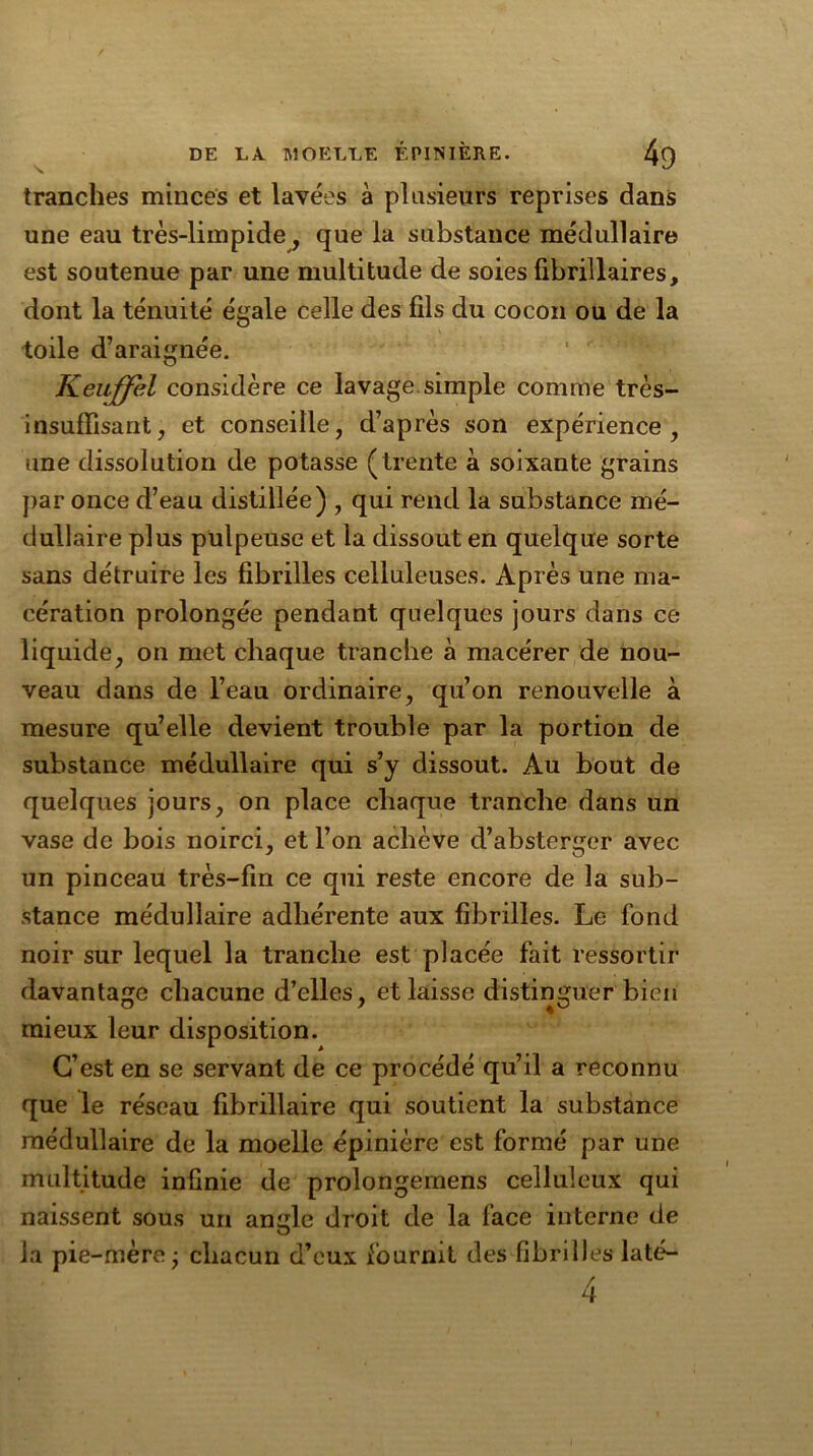 s tranches minces et lavées à plusieurs reprises dans une eau très-limpide, que la substance médullaire est soutenue par une multitude de soies fibrillaires, dont la ténuité égale celle des fils du cocon ou de la toile d’araignée. Keuffîd considère ce lavage simple comme très- insuffisant , et conseille, d’après son expérience , une dissolution de potasse (trente à soixante grains par once d’eau distillée) , qui rend la substance mé- dullaire plus pulpeuse et la dissout en quelque sorte sans détruire les fibrilles celluleuses. Après une ma- cération prolongée pendant quelques jours dans ce liquide, on met chaque tranche à macérer de nou- veau dans de l’eau ordinaire, qu’on renouvelle à mesure qu’elle devient trouble par la portion de substance médullaire qui s’y dissout. Au bout de quelques jours, on place chaque tranche dans un vase de bois noirci, et l’on achève d’absterger avec un pinceau très-fin ce qui reste encore de la sub- stance médullaire adhérente aux fibrilles. Le fond noir sur lequel la tranche est placée fait ressortir davantage chacune d’elles, et laisse distinguer bien mieux leur disposition. C’est en se servant de ce procédé qu’il a reconnu que le réseau fibrillaire qui soutient la substance médullaire de la moelle épinière est formé par une multitude infinie de prolongernens celluleux qui naissent sous un angle droit de la face interne de la pie-mère j chacun d’eux fournit des fibrilles laté-
