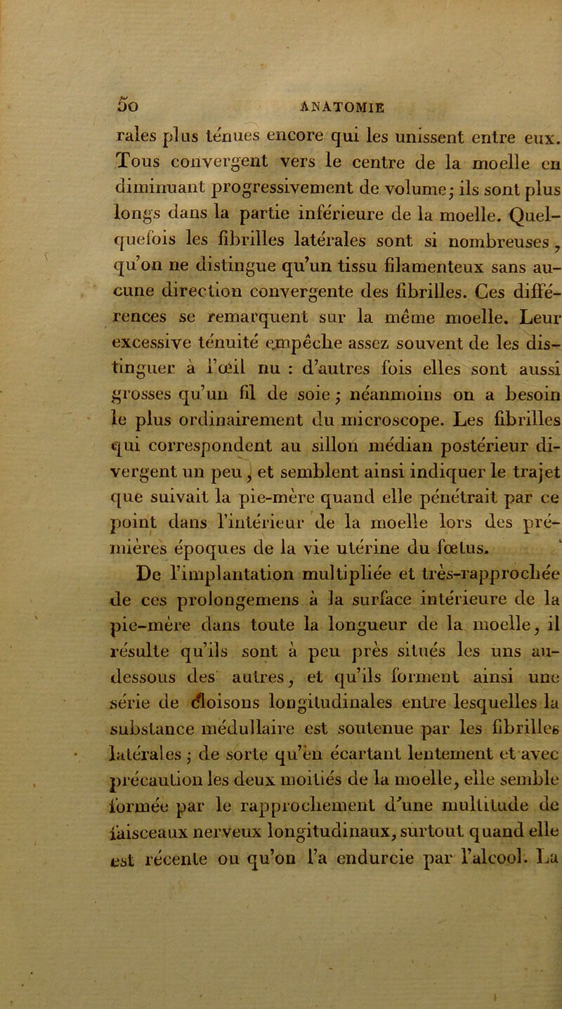 raies plus tenues encore qui les unissent entre eux. Tous convergent vers le centre de la moelle en diminuant progressivement de volume; ils sont plus longs dans la partie inferieure de la moelle. Quel- quefois les fibrilles latérales sont si nombreuses , qu’on ne distingue qu’un tissu filamenteux sans au- cune direction convergente des fibrilles. Ces diffé- rences se remarquent sur la meme moelle. Leur excessive ténuité ejnpêcbe assez souvent de les dis- tinguer à l’œil nu : d’autres fois elles sont aussi grosses qu’un fil de soie ; néanmoins on a besoin le plus ordinairement du microscope. Les fibrilles qui correspondent au sillon médian postérieur di- vergent un peu, et semblent ainsi indiquer le trajet que suivait la pie-mère quand elle pénétrait par ce point dans l’intérieur de la moelle lors des pré- mières époques de la vie utérine du fœtus. De l’implantation multipliée et très-rapprocliée d.e ces prolongemens à la surface intérieure de la pie-mère dans toute la longueur de la moelle, il résulte qu’ils sont à peu près situés les uns au- dessous des autres, et qu’ils forment ainsi une série de croisons longitudinales entre lesquelles la substance médullaire est soutenue par les fibrilles latérales ; de sorte qu’èn écartant lentement et avec précaution les deux moitiés de la moelle, elle semble formée par le rapprochement d'une multitude de faisceaux nerveux longitudinaux, surtout quand elle est récente ou qu’on l’a endurcie par l’alcool. Lu
