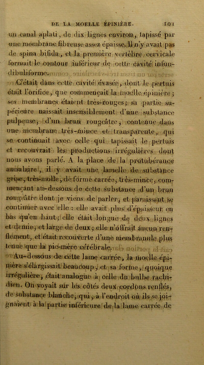 un canal aplati, de dix lignes environ, tapissé par une membrane fibreuse assez épaisse. 11 n’y avait pas de spina bifida, et la première vertèbre cervicale formait le contour inférieur de cette cavité infun- dibuliforme. /oebv-eôtj ne?îj m.i C’était dans cette cavité évasée, dont le pertuis était l’orifice, que commençait la moelle épinière; ses membranes étaient très-rouges; sa partie su- périeure naissait insensiblement d’une substance pulpeuse, d’un brun rougeâtre, contenue dans une membrane très-mince et transparente, qui se continuait avec celle qui tapissait le pertuis et recouvrait lès productions irrégulières dont nous avons parle. A la place de la protubérance annulaire , il y avait une lamelle de substance grise , très-molle, de forme carrée, très-mince, com- mençant au-dessous de cette substance d’un brun rougeâtre dont je viens de parler, et paraissant se continuer avec elle : elle avait plus d’épaisseur en bas quen haut; elle était longue de deux lignes et demie, et large de deux ; elle n’offrait aucun ren- flement, et était recouverte d’une membranulo plus tenue que la pie-mère cérébralçmdo aoitiorj fâ ifiào Au-dessous de cette lame carrée, la moelle épi- nière s'élargissait beaucoup, et sa forme, quoique irrégulière, était analogue à celle du bulbe rachi- dien. On voyait sur les côtés deux cordoms renflés, île substance Idandie, qui, à l’endroit où ils se joi- gnaient à la partie inférieure de la lame carrée de
