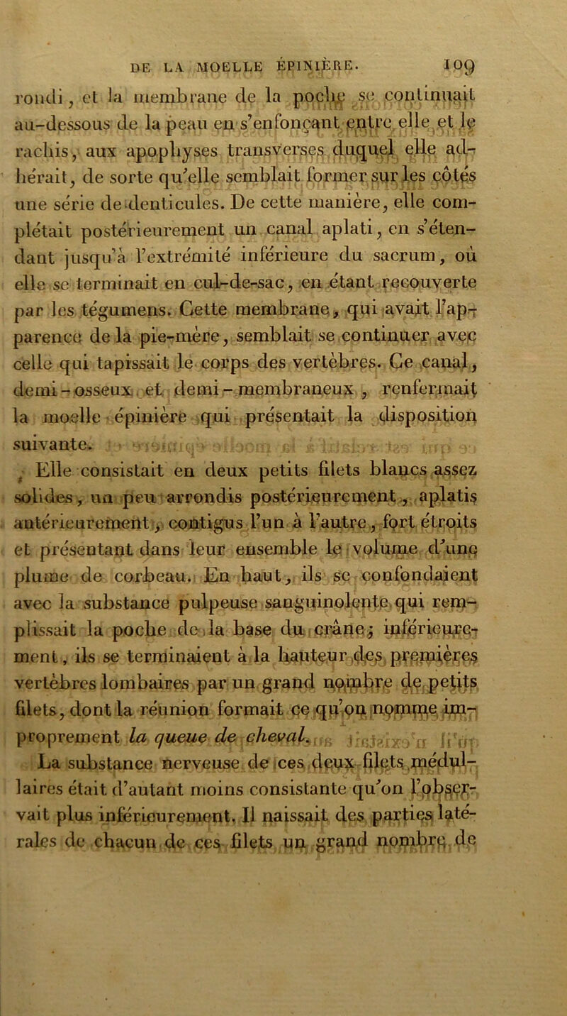 rondi, et Ja membrane de la pocli£ se eonlinuaU au-dessous de la peau en s’enfonçant entre elle et le rachis, aux apophyses transverses duquel elle ad- hérait , de sorte qu’elle semblait former sur les cô tés une série dedenticules. De cette manière, elle com- plétait postérieurement un canal aplati , en s’éten- dant jusqu’à l’extrémité inférieure du sacrum, où elle se terminait en cul-de-sac, en étant recouverte par les tégumens. Cette membrane, qui avait l’ap- parence de la pie-mère, semblait se continuer avec celle qui tapissait le corps des vertèbres. Ce canal, demi - osseux et demi - membraneux , renfermait la moelle épinière qui présentait la disposition suivante. • Elle consistait en deux petits filets blancs assez solides, un peu arrondis postérieurement , aplatis antérieurement , contigus l’un à l’autre, fç>rt étroits et présentant dans leur ensemble le volume d’une plume de corbeau. En haut, ils se confondaient avec la substance pulpeuse sanguinolente, qui rem- plissait la poche de la base du crâne; inférieure- ment, ils se terminaient à la hauteur des premières vertèbres lombaires par un grand nombre de petits filets, dont la réimion formait ce qu’on nomrn,e im- proprement la queue de cheval. hfitaixo'n i i rôr> La substance nerveuse de ces deux filets médul- laires était d’autant moins consistante qu’on l’obser- vait plus inférieurement. Il naissait des parties laté- rales de chacun de ces filets un grand nombrq de