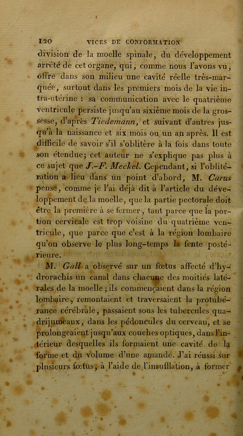 division de la moelle spinale, du développement arreté de cet organe, qui, comme nous l’avons vu, offre clans son milieu une cavité réelle très-mar- quée, surtout dans les premiers mois de la vie in- tra-utérine : sa communication avec le quatrième ventricule persiste jusqu’au sixième mois de la gros- sesse, d’après Tiedemann, et suivant d’autres jus- qu’à la naissance et six mois ou un an après. Il est difficile de savoir s’il s’oblitère à la fois dans toute son étenduej cet auteur ne s’explique pas plus à ce sujet que J.-F. Mechel. Cependant, si l’oblité- ration a lieu dans un point d’abord, M. Carus pense, comme je l’ai déjà dit à l’article du déve- loppement de la moelle, que la partie pectorale doit être la première à se fermer, tant parce que la por- tion cervicale est trop voisine du quatrième ven- tricule, que parce que c’est à la région lombaire qu’on observe le plus long-temps la fente posté- rieure. M. Gall a observé sur un fœtus affecté d’hy- drorachis un canal dans chacune des moitiés laté- rales de la moelle ; ils commençaient dans la région lombaire, remontaient et traversaient la protubé- rance cérébrale, passaient sous les tubercules qua- drijumeaux, dans les pédoncules du cerveau, et se prolongeaient jusqu’aux couches optiques, dans l’in- térieur desquelles ils formaient une cavité de la forme et du volume d’une amande. J’ai réussi sur plusieurs fœtus, à l’aide de l’insufflation, à former m