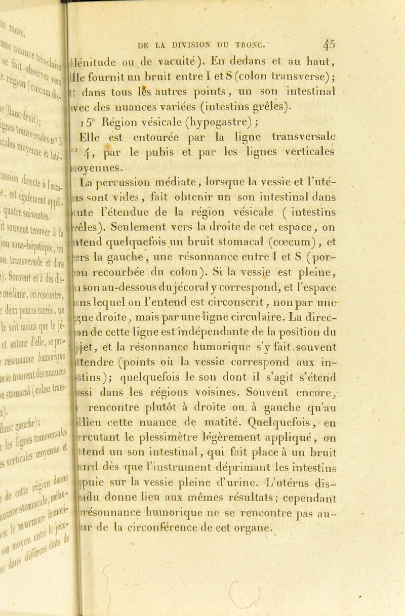 %c. une * 'ait j<,rJ **iO «cteili USSI0I1 (|j '■81 Renaît appli. quatre suivantes. ll S0Uve«t trouver à la '0hsous-W^)W1 on transversale et dans t). Souvent etàddis- i médiane, on rencontre, ; deux pouces carrés, un le. soit moins que le je* tt autour d’elle, se pro- i iwouM js Æ trou rent des nuances m stomacal (to\on traK- >)• ycsauW; , kifî-* s\ ertif * 0f* , le <*» r é£'°n doBD® le,^ rtstomaca états * DE LA DIVISION DU TRONC. 45 lénitude ou de vacuité). En dedans et au haut, lie fournit un bruit entre ï et S (colon transverse) ; tt dans tous -lis autres points, un son intestinal tvec des nuances variées (intestins grêles). 15° Région vésicale (hypogastre) ; Elle est entourée par la ligne transversale 3 4, par le pubis et par les lignes verticales doyennes. La percussion médiate, lorsque la vessie et l’uté- is sont vides, fait obtenir un son intestinal dans | ute l’étendue de la région vésicale ( intestins êles). Seulement vers la droite de cet espace, on itend quelquefois un bruit stomacal (cæcum) , et rs la gauche, une résonnance entre I et S (por- on recourbée du colon). Si la vessie est pleine, î son au-dessous du jécoral y correspond, et l’espace ns lequel on l’entend est circonscrit, non par une pie droite, mais par une ligne circulaire. La direc- >n de cette ligne est indépendante de la position du jet, et la résonnance humorique s’y fait souvent tendre (points où la vessie correspond aux in- btins); quelquefois le son dont il s’agit s’étend 'ssi dans les régions voisines. Souvent encore/ rencontre plutôt à droite ou à gauche qu’au lieu cette nuance de matité. Quelquefois, en routant le piessimètre légèrement appliqué, on tend un son intestinal, qui fait place à un bruit ird dès que l’instrument déprimant les intestins Ipuie sur la vessie pleine d’urine. L’utérus çlis— indu donne lieu aux mêmes résultats; cependant résonnance humorique ne se rencontre pas au~ ir de la circonférence de cet organe.