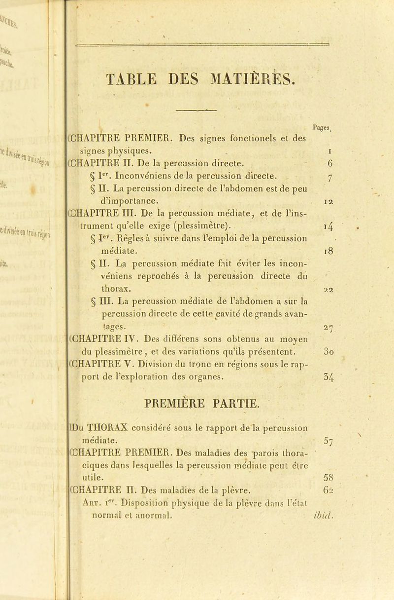 TABLE DES MATIÈRES. Pages. iCHAPITRE PREMIER. Des signes fonctionels el des signes physiques. i (CHAPITRE II. De la percussion directe. 6 § Ier. Inconvéniens de la percussion directe. 7 § II. La percussion directe de l’abdomen est de peu d’importance. 12 'CHAPITRE III. De la percussion médiate, et de l’ins- trument qu’elle exige (plessimètre). i4 § Ier. Règles à suivre dans l’emploi de la percussion médiale. 18 § II. La percussion médiate fait éviter les incon- véniens reprochés à la percussion directe du thorax. 22 § III. La percussion médiate de l’abdomen a sur la percussion directe de cette cavité de grands avan- tages. 27 CHAPITRE IY. Des difïérens sons obtenus au moyen du plessimètre, et des variations qu’ils présentent. 3o • CHAPITRE Y. Division du tronc en régions sous le rap- port de l’exploration des organes. 34 PREMIÈRE PARTIE. • Du THORAX considéré sous le rapport de la percussion médiate. 57 •CHAPITRE PREMIER. Des maladies des parois thora- ciques dans lesquelles la percussion médiate peut être utile. ' 58 (CHAPITRE IL Des maladies delà plèvre. 62 Art. ier. Disposition physique de la plèvre dans l’étal normal et anormal. ibicl.