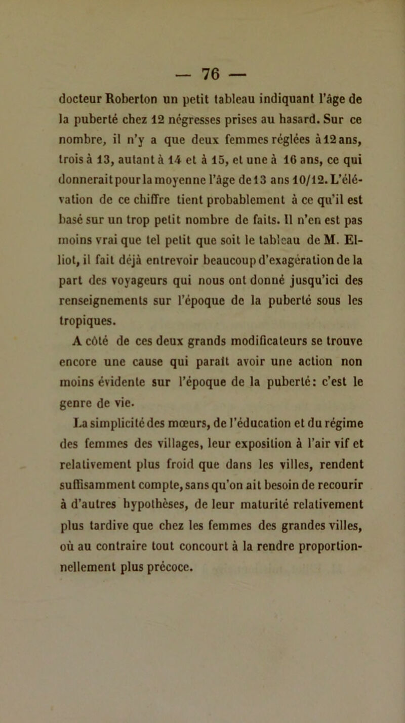 docteur Roberton un petit tableau indiquant l’âge de la puberté chez 12 négresses prises au hasard. Sur ce nombre, il n’y a que deux femmes réglées à 12 ans, trois à 13, autant à 14 et à 15, et une à 16 ans, ce qui donneraitpour la moyenne l’âge del3 ans 10/12.L’éIé- vation de ce chiffre tient probablement à ce qu’il est basé sur un trop petit nombre de faits. 11 n’en est pas moins vrai que tel petit que soit le tableau de M. El- liot, il fait déjà entrevoir beaucoup d’exagération de la part des voyageurs qui nous ont donné jusqu’ici des renseignements sur l’époque de la puberté sous les tropiques. A côté de ces deux grands modificateurs se trouve encore une cause qui parait avoir une action non moins évidente sur l’époque de la puberté: c’est le genre de vie. La simplicité des mœurs, de l’éducation et du régime des femmes des villages, leur exposition à l’air vif et relativement plus froid que dans les villes, rendent suffisamment compte, sans qu’on ait besoin de recourir à d’autres hypothèses, de leur maturité relativement plus tardive que chez les femmes des grandes villes, où au contraire tout concourt à la rendre proportion- nellement plus précoce.