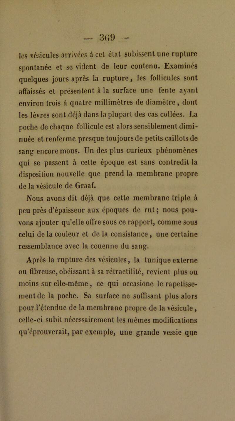 les vésicules arrivées à cel élal subissent une rupture spontanée et se vident de leur contenu. Examinés quelques jours après la rupture, les follicules sont affaissés et présentent à la surface une fente ayant environ trois à quatre millimètres de diamètre, dont les lèvres sont déjà dans la plupart des cas collées. La poche de chaque follicule est alors sensiblement dimi- nuée et renferme presque toujours de petits caillots de sang encore mous. Un des plus curieux phénomènes qui se passent à cette époque est sans contredit la disposition nouvelle que prend la membrane propre de la vésicule de Graaf. Nous avons dit déjà que cette membrane triple à peu près d’épaisseur aux époques de rut ; nous pou- vons ajouter qu’elle offre sous ce rapport, comme sous celui de la couleur et de la consistance, une certaine ressemblance avec la couenne du sang. Après la rupture des vésicules, la tunique externe ou fibreuse, obéissant à sa rétractililé, revient plus ou moins sur elle-même, ce qui occasionc le rapetisse- ment de la poche. Sa surface ne suffisant plus alors pour l’étendue de la membrane propre de la vésicule, celle-ci subit nécessairement les mêmes modifications qu’éprouverait, par exemple, une grande vessie que