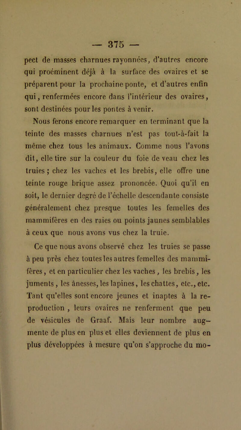 pect de masses charnues rayonnées, d’autres encore qui proéminent déjà à la surface des ovaires et se préparent pour la prochaine ponte, et d’autres enfin qui, renfermées encore dans l’intérieur des ovaires, sont destinées pour les pontes à venir. Nous ferons encore remarquer en terminant que la teinte des masses charnues n’est pas tout-à-fait la même chez tous les animaux. Comme nous l’avons dit, elle tire sur la couleur du foie de veau chez les truies; chez les vaches et les brebis, elle offre une teinte rouge brique assez prononcée. Quoi qu’il en soit, le dernier degré de l’échelle descendante consiste généralement chez presque toutes les femelles des mammifères en des raies ou points jaunes semblables à ceux que nous avons vus chez la truie. Ce que nous avons observé chez les truies se passe à peu près chez toutes les autres femelles des mammi- fères , et en particulier chez les vaches, les brebis, les juments, les ânesses, les lapines, les chattes, etc., etc. Tant qu’elles sont encore jeunes et inaptes à la re- production , leurs ovaires ne renferment que peu de vésicules de Graaf. Mais leur nombre aug- mente de plus en plus et elles deviennent de plus en plus développées à mesure qu’on s’approche du mo-