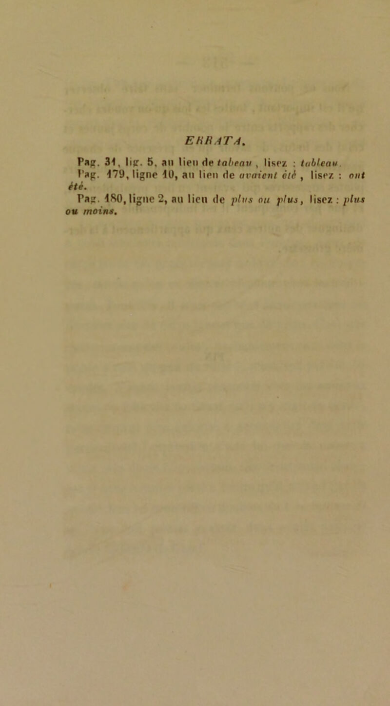 EHRATA. Pap. 31, lip. 5, au lieu de taheav , lisez ; tableau. l’ap. 179, ligne 10, au lieu de avaient èti , lisez : ont ité. Pa;;. 180,ligue 2, au lieu de j>lns ou flus, lisez; plus ou moine.