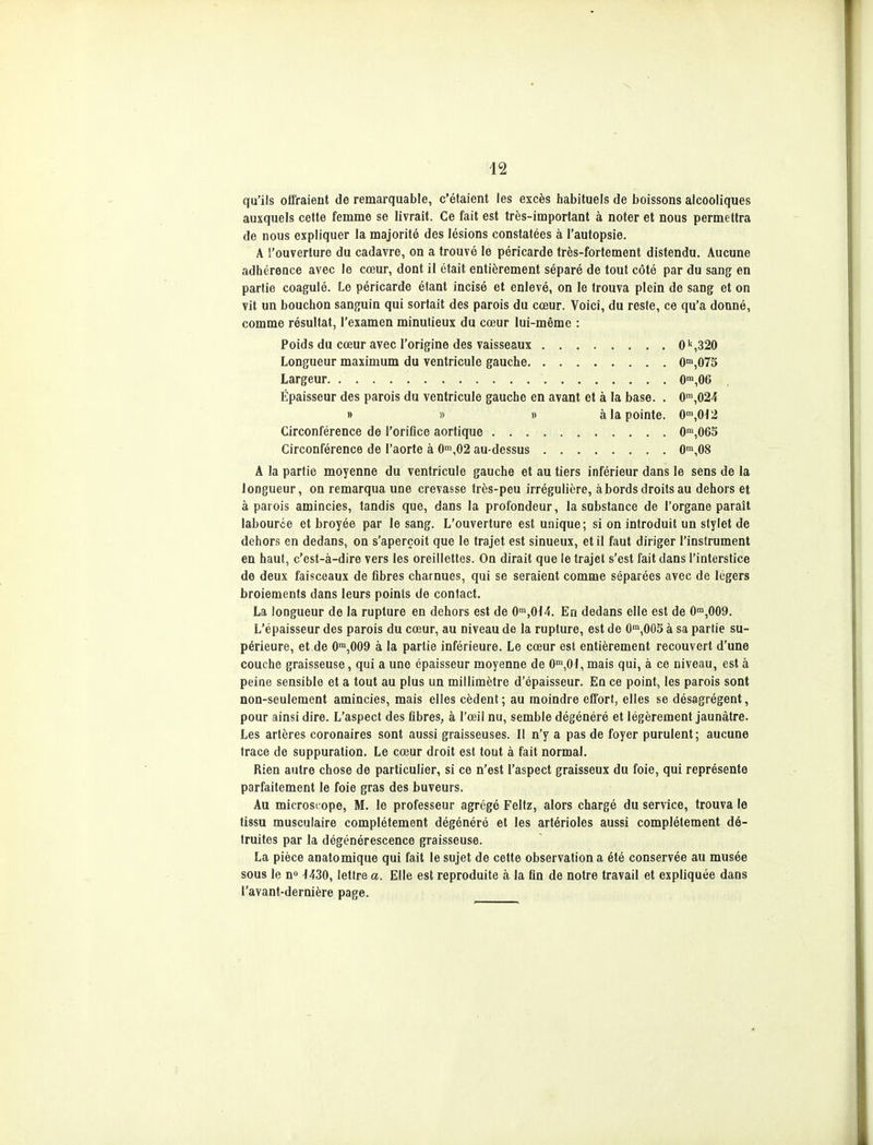 qu'ils offraient de remarquable, c'étaient les excès habituels de boissons alcooliques auxquels cette femme se livrait. Ce fait est très-important à noter et nous permettra de nous expliquer la majorité des lésions constatées à l'autopsie. A l'ouverture du cadavre, on a trouvé le péricarde très-fortement distendu. Aucune adhérence avec le cœur, dont il était entièrement séparé de tout côté par du sang en partie coagulé. Le péricarde étant incisé et enlevé, on le trouva plein de sang et on vit un bouchon sanguin qui sortait des parois du cœur. Voici, du reste, ce qu'a donné, comme résultat, l'examen minutieux du cœur lui-même : Poids du cœur avec l'origine des vaisseaux 0'',320 Longueur maximum du ventricule gauche O^jOTS Largeur 0'»,06 Épaisseur des parois du ventricule gauche en avant et à la base. . 0n\024 » » » à la pointe. 0n',0{2 Circonférence de l'orifice aortique 0',065 Circonférence de l'aorte à 0>,02 au-dessus 0™,08 A la partie moyenne du ventricule gauche et au tiers inférieur dans le sens de la longueur, on remarqua une crevasse très-peu irrégulière, abords droits au dehors et à parois amincies, tandis que, dans la profondeur, la substance de l'organe paraît labource et broyée par le sang. L'ouverture est unique; si on introduit un stylet de dehors en dedans, on s'aperçoit que le trajet est sinueux, et il faut diriger l'instrument en haut, c'est-à-dire vers les oreillettes. On dirait que le trajet s'est fait dans l'interstice de deux faisceaux de fibres charnues, qui se seraient comme séparées avec de légers broiements dans leurs points de contact. La longueur de la rupture en dehors est de 0',0\4. En dedans elle est de 0>,009. L'épaisseur des parois du cœur, au niveau de la rupture, est de O'»,005 à sa partie su- périeure, et de O^OOQ à la partie inférieure. Le cœur est entièrement recouvert d'une couche graisseuse, qui a une épaisseur moyenne de O^iOi, mais qui, à ce niveau, est à peine sensible et a tout au plus un millimètre d'épaisseur. En ce point, les parois sont non-seulement amincies, mais elles cèdent ; au moindre effort, elles se désagrègent, pour ainsi dire. L'aspect des fibres, à l'œil nu, semble dégénéré et légèrement jaunâtre. Les artères coronaires sont aussi graisseuses. Il n'y a pas de foyer purulent; aucune trace de suppuration. Le cœur droit est tout à fait normal. Rien autre chose de particulier, si ce n'est l'aspect graisseux du foie, qui représente parfaitement le foie gras des buveurs. Au microscope, M. le professeur agrégé Feitz, alors chargé du service, trouva le tissu musculaire complètement dégénéré et les artérioles aussi complètement dé- truites par la dégénérescence graisseuse. La pièce anatomique qui fait le sujet de cette observation a été conservée au musée sous le n» ^430, lettre a. Elle est reproduite à la fin de notre travail et expliquée dans l'avant-dernière page.