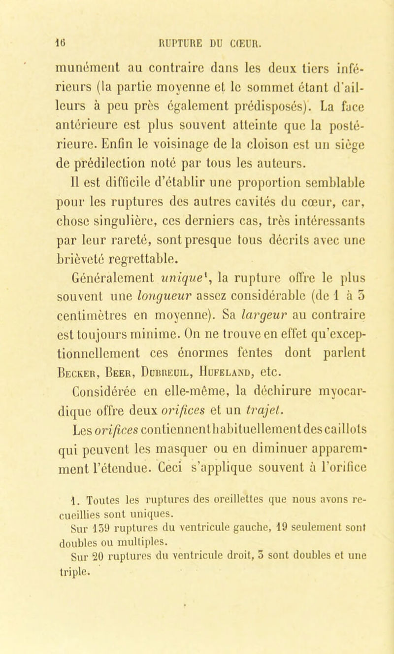munémcnt au contraire dans les deux tiers infé- rieurs (la partie moyenne et le sommet étant d’ail- leurs à peu près également prédisposés). La face antérieure est plus souvent atteinte que la posté- rieure. Enfin le voisinage de la cloison est un siège de prédilection noté par tous les auteurs. 11 est difficile d’établir une proportion semblable pour les ruptures des autres cavités du cœur, car, chose singulière, ces derniers cas, très intéressants par leur rareté, sont presque tous décrits avec une brièveté regrettable. Généralement unique*, la rupture offre le plus souvent une longueur assez considérable (de 1 à 5 centimètres en moyenne). Sa largeur au contraire est toujours minime. On ne trouve en effet qu’excep- tionnellement ces énormes fentes dont parlent Becker, Beer, Dubreuil, IIufelakd, etc. Considérée en elle-même, la déchirure myocar- dique offre deux orifices et un trajet. Les orifices conliennenthabitucllementdescaillots qui peuvent les masquer ou en diminuer apparem- ment l’étendue. Ceci s’applique souvent à l'orifice 1. Toutes les ruptures des oreillettes que nous avons re- cueillies sont uniques. Sur 159 ruptures du ventricule gauche, 19 seulement sont doubles ou multiples. Sur 20 ruptures du ventricule droit, 5 sont doubles et une triple.