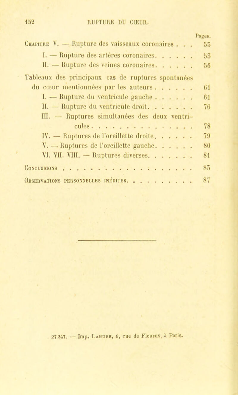 Pages. Chapitre V. — Rupture des vaisseaux coronaires ... 55 I. — Rupture des artères coronaires 53 II. — Rupture des veines coronaires 56 Tableaux des principaux cas de ruptures spontanées du cœur mentionnées par les auteurs 61 I. — Rupture du ventricule gauche Cl II. — Rupture du ventricule droit 76 III. — Ruptures simultanées des deux ventri- cules 78 IV. — Ruptures de l’oreillette droite 79 V. — Ruptures de l’oreillette gauche 80 VI. VIL VIII. — Ruptures diverses 81 Conclusions 85 Observations personnelles inédites 87 27 247. — lmp. Lahurb, 9, rue de Fleurus, à Paris.