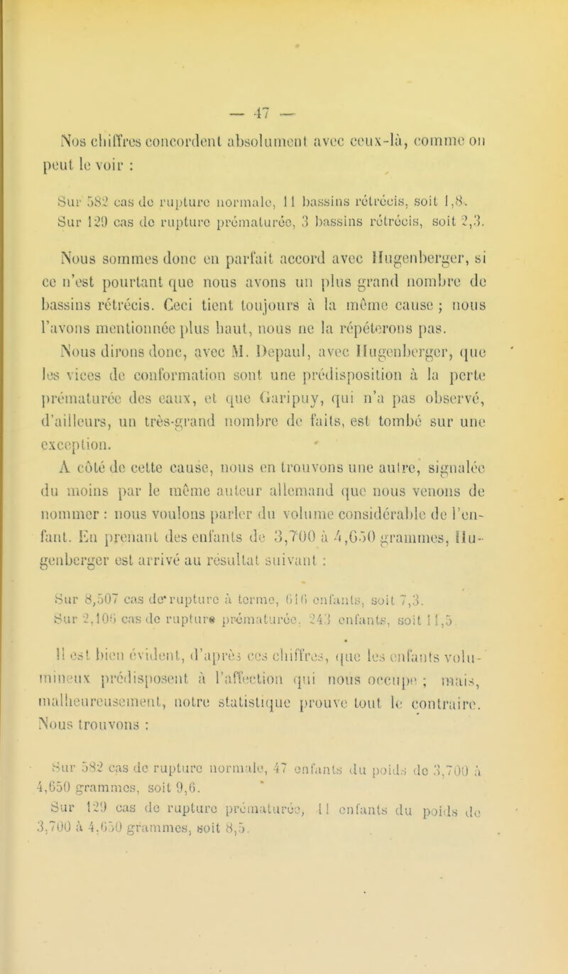 Nos chiffres concordent absolument avec ceux-là, connue on peut le voir : Sur 582 cas tic rupture normale, 11 bassins rétrécis, soit 1,8. Sur 129 cas tic rupture prématurée, 3 bassins rétrécis, soit ?,.'>. Nous sommes donc en parlait accord avec Hugenbérger, si ce n'est pourtant que nous avons un {dus grand nombre de bassins rétrécis. Ceci tient toujours à la même cause ; nous l'avons mentionnée plus haut, nous ne la répéterons pas. Nous dirons donc, avec M. Depaul, avec Hugenbérger, (pie les vices de conformation sont une prédisposition à la perte prématurée des eaux, et que Garipuy, qui n'a pas observé, d'ailleurs, un très-grand nombre de faits, est tombé sur une exception. A côté de cette cause, nous en trouvons une aulre, signalée du moins par le même auteur allemand que nous venons de nommer : nous voulons parler du volume considérable de l'en- fant. En prenant des enfants de 3,700 à 4,G50 grammes, Hu- genberger est arrivé au résultat suivant : Sur 8,507 cas de*rupture à terme, 616 enfants, soit 7,3. Sur 2T106 cas de rupture prématurée. 243 enfants, soit 11,5 11 est bien évident, d'après ces chiffres, que les enfants volu- mineux prédisposent à ^affection qui nous occupe ; mais, malheureuse ment; notre statistique prouve tout le contraire. Nous trouvons : Sur 582 cas de rupture normale, 47 enfants du poids de 3,700 à 4,650 grammes, soit 9,6. Sur 12U cas de rupture prématurée, l! enfants du poids de 3,700 a. 4.650 grammes, soit 8,5.