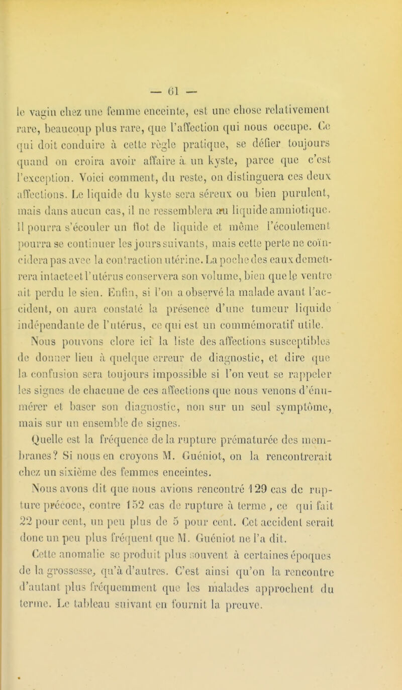 le vagin chez une femme enceinte, est une chose relativement rare, beaucoup plus rare, que l'affection qui nous occupe. Ce qui doit conduire à cette règle pratique, se défier toujours quand on croira avoir affaire à un kyste, parce que c'est l'exception. Voici comment, du reste, on distinguera ces deux affections. Le liquide du kyste sera séreux ou bien purulent, mais dans aucun cas, il ne ressemblera am liquide amniotique. H pourra s'écouler un tlot de liquide et même l'écoulement pourra se continuer les jours suivants, mais cette perte ne coïn- cidera pas avec la contraction utérine. La poche des eaux demeu- rera intacte et l'utérus conservera son volume, bien que le ventre ait perdu le sien. Enfin, si l'on a observé la malade avant l'ac- cident, on aura constaté la présence d'une tumeur liquide indépendante de l'utérus, ce qui est un commémoratif utile. Nous pouvons clore ici la liste des affections susceptibles de donner lieu à quelque erreur de diagnostic, et dire que la confusion sera toujours impossible si l'on veut se rappeler les signes de chacune de ces affections que nous venons d'énu- mérer et baser son diagnostic, non sur un seul symptôme, mais sur un ensemble de signes. Quelle est la fréquence de la rupture prématurée des mem- branes? Si nous en croyons M. Guéniot, on la rencontrerait chez un sixième des femmes enceintes. Nous avons dit que nous avions rencontré 129 cas de rup- ture précoce, contre 152 cas de rupture à terme , ce qui fait 22 pour cent, un peu plus de 5 pour cent. Cet accident serait donc un peu plus fréquent que M. Guéniot ne l'a dit. Cette anomalie se produit plus souvent à certaines époques de la grossesse, qu'à d'autres. C'est ainsi qu'on la rencontre d'autant plus fréquemment que les malades approchent du terme. Le tableau suivant en fournit la preuve.