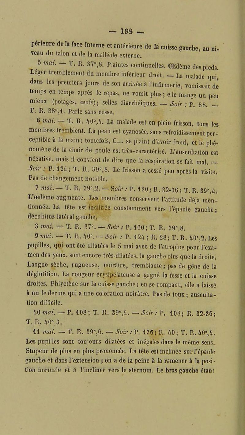 pérlcnre delà face Interne et antérieure de la cuisse gauche, au ni- veau du talon et de la malléole externe. 5 mai. - T. R. 37°,8. Plaintes continuelles. OEdème des pieds. Léger tremblement du membre inférieur droit. — La malade qui] dans les premiers jours de son arrivée à l'inOrmerie, vomissait dé temps en temps après le repas, ne vomit plus; elle mange un peu mieux (potages, œufs); selles diarrhéiques. — Soir : p. 88. — T. R. 38°,1. Parle sans cesse. 6 mai. — T. R. ZtO°,Zi. La malade est en plein frisson, tous les membres tremblent. La peau est cyanosée, sans refroidissement per- ceptible à la main; toutefois, C... se plaint d'avoir froid, et le phé- nomène de la chair de poule est très-caractérisé. L'auscultation est négative, mais il convient de dire que la respiration se fait mal. — Soir : P. 12^1 ; T. R. 39%8. Le frisson a cessé peu après la visite. Pas de changement notable. 7 mai.— T. R. 39»,2. — Soir ; P. 120; R. 32-36; T.R.SQo.i. L'œdème augmente. Les membres conservent l'attitude déjà men- tionnée. La tête est inclinée constamment vers l'épaule gauche ; décubitus latéral gauche. 3 mai. — T. R. 2,1.—-Soir : P. 100; T. R. 39°,8. 9 mai. — T. R. [iO\~Soir : P. m ; R. 28; T. R. ZiO',2.Les pupilles, qui ont été dilatées le 5 mai avec de l'atropine pour l'exa- men des yeux, sont encore très-dilatées, la gauche plus que la droite. Langue sèche, rugueuse, noirâtre, tremblante; pas de gêne de la déglutition. La rougeur érysipélateuse a gagné la fesse et la cuisse droites. Phlyctène sur la cuisse gauche; en se rompant, elle a laissé à nu le derme qui a une coloration noirâtre. Pas de toux ; ausculta- tion difficile. iOmai. — P. 108; T. R. 39%;i. — Soir: P. 108; R. S2-36; T. R./j0»,3. 11 mai — T. R, 39',6. — Soir : P. 136; R. 60; T. R. ùO*,û. Les pupilles sont toujours dilatées et inégales dans le même sens. Stupeur de plus en plus prononcée. La tête est inclinée sur l'épaule gauche et dans l'extension ; on a de la peine à la ramener à la posi- tion normale et a l'incliner vers le sterniuu. Le bras gaucho étant