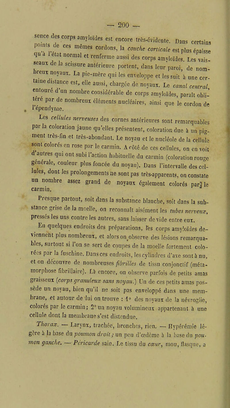 u . ces m mes cordons, la coucke corticale esi plus épaisse oauV '^ '^P^ Les vais, «eaux de la sc.ssure antérieure portent, dans leur paroi, de nom- breux noyaux. La pie-mère qui les enveloppe et les suit à une cer- taine distance est, elle aussi, chargée de noyaux. Le canal central entoure d un nombre considérable de corps amvioïdes, paraît obli- tère par de nombreux éléments nucléaires, ainsi que le cordon de 1 epcndynic. Les cellules nerveuses des cornes antérieures sont remarquables par la coloration jaune qu'elles présentent, coloration due à un pi-- ment très-fm et très-abondant. Le noyau et le nucléole de la cellule sont colorés en rose par le carmin. A côté de ces cellules, on en voit d autres qui ont subi l'action habituelle da carmin (coloration rou'^e générale, couleur plus foncée du noyau). Dans Tintervalle des cel lules, dont les prolongements ne sont pas très-apparents, on constate un nombre assez grand de noyaux également colorés par] le carmin. Presque partout, soit dans la substance blanche, soit dans la sub- stance grise de la moelle, on reconnaît aisément les tubes nerveux. pressés les uns contre les autres, sans laisser de vide entre eux. En quelques endroits des préparations, l'es corps amyîoïdes de- viennent plus nombreux, et alors on.observe des lésions remarqua- bles, surtout si l'on se sert de coupes de la moelle fortement colo- rées par la fuschine. Dans ces endroits, les cylindres d'axe sont à nu, et on découvre de nombreuses férïlles de tissu conjonctif (méta- morphose fibrillaire). Là encore, on observe parfois de petits amas graisseux {corps granuleux sans noyau.) Un de ces petits amas pos- sède un noyau, bien qu'il ne soit pas enveloppé dans une mem- brane, et autour de lui on trouve : 1» des noyaux de la névroglie, colorés par le carmin; 2°un noyau volumineux appartenant à une cellule dont la membrane s'est distendue. Thorax. — Larynx, trachée, bronches, rien, — Hypérémie lé- gère à la base du poumon droit; un peu d'œdcmc à la hase du pou- mon ganche. — Péricarde sain. Le tissu du cœur, mou, flasque, a