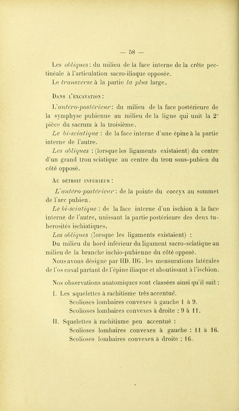 Les obliques : du milieu de la face interne de la crête pec- tinéale à l'articulation sacro-iliaque opposée. Le transverse à la partie la plus large. Dans l'excavation : h'antéro-postérieur : du milieu de la face postérieure de la symphyse pubienne au milieu de la ligne qui unit la 2' pièce du sacrum à la troisième. Le bi-sciatique : de la face interne d'une épine à la partie interne de l'autre. Les obliques : (lorsque les ligaments existaient) du centre d'un grand trou sciatique au centre du trou sous-pubien du côté opposé. Au DÉTROIT INFÉItlEUR \ VantérO'postérieur : de la pointe du coccyx au sommet de Tare pubien. Le bi-sciatique : de la face interne d'un ischion à la face interne de l'autre, unissant la partie postérieure des deux lu- berosités iscliiatiques. Les obliques (lorsque les ligaments existaient) : Du milieu du bord inférieur du ligament sacro-sciatique au milieu de la branche ischio-pubienne du côté opposé. Nous avons désigné par IID. IIG. les mensurations latérales de l'os coxal partant de l'épine iliaque et aboutissant à l'isciuon. Nos observations anatomiques sont classées ainsi qu'il suit : 1. Les squelettes à rachitisme très accentué. Scolioses lombaires convexes à gauche 1 à 9. ScoHoses lombaires convexes à droite : 9 à 11. IL Squelettes à racliitisme peu accentué : Scolioses lombaires convexes à gauche : 11 à 16. Scolioses lombaires convexes à droite : 16.