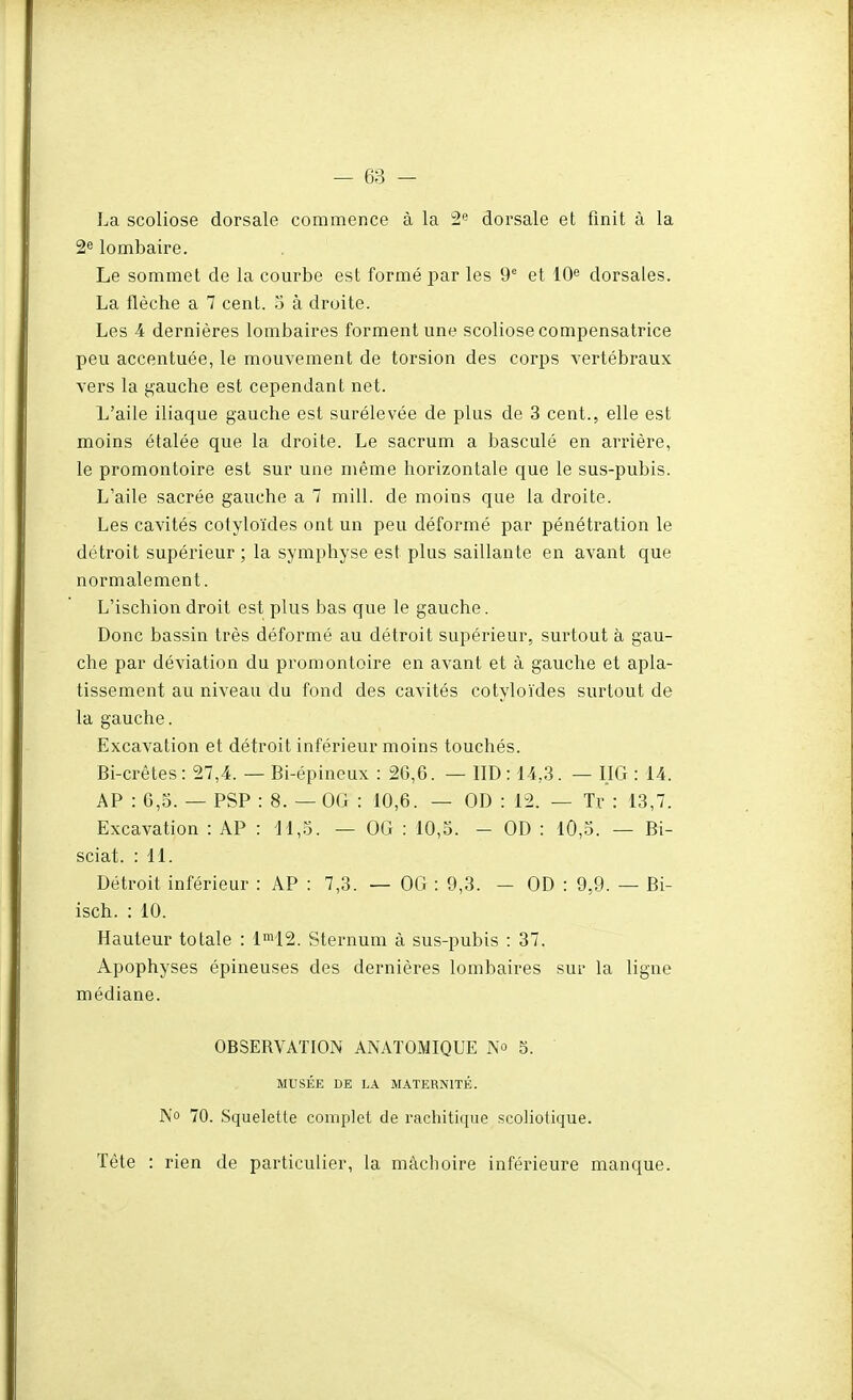 La scoliose dorsale commence à la dorsale et finit à la 2e lombaire. Le sommet de la courbe est formé par les 9' et lO^ dorsales. La flèche a 7 cent, o à droite. Les 4 dernières lombaires forment une scoliose compensatrice peu accentuée, le mouvement de torsion des corps vertébraux vers la j^auche est cependant net. L'aile iliaque gauche est surélevée de plus de 3 cent., elle est moins étalée que la droite. Le sacrum a basculé en arrière, le promontoire est sur une même horizontale que le sus-pubis. L'aile sacrée gauche a 7 mill. de moins que la droite. Les cavités cotyloïdes ont un peu déformé par pénétration le détroit supérieur ; la symphyse est plus saillante en avant que normalement. L'ischion droit est plus bas que le gauche. Donc bassin très déformé au détroit supérieur, surtout à gau- che par déviation du promontoire en avant et à gauche et apla- tissement au niveau du fond des cavités cotyloïdes surtout de la gauche. Excavation et détroit inférieur moins touchés. Bi-crêtes: 27,4. — Bi-épineux : 20,6. — IID: 14,3. — IIG : 14. AP : 6,5. — PSP : 8. — OG : 10,6. — OD : 12. — Tr : 13,7. Excavation : AP : 11,3. — OG : 10,5. - OD : 10,5. — Bi- sciat. : 11. Détroit inférieur : AP : 7,3. — OG : 9,3. - OD : 9,9. — Bi- isch. : 10. Hauteur totale : l'nl2. Sternum à sus-pubis : 37. Apophyses épineuses des dernières lombaires sur la ligne médiane. OBSERVATION ANATOMIQUE No 5. MUSÉE DE LA MATERNITÉ. N'o 70. Squelette complet de rachitique scoliotique. Tête : rien de particulier, la mâchoire inférieure manque.