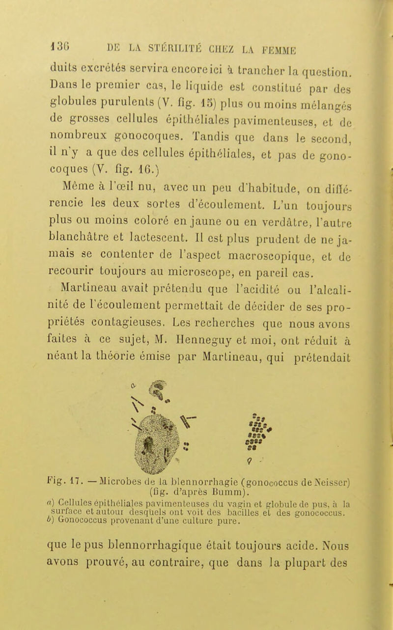 duits excrétés servira encore ici à trancher la question. Dans le premier cas, le liquide est constitué par des globules purulents (V. fig. 15) plus ou moins mélangés de grosses cellules épithéliales pavimenteuses, et de nombreux gonocoques. Tandis que dans le second, il n'y a que des cellules épithéliales, et pas de gono- coques (V. fig. 16.) Même à l'œil nu, avec un peu d'habitude, on diflé- rencie les deux sortes d'écoulement. L'un toujours plus ou moins coloré en jaune ou en verdàtre, l'autre blanchâtre et lactescent. Il est plus prudent de ne ja- mais se contenter de l'aspect macroscopique, et de recourir toujours au microscope, en pareil cas. Martineau avait prétendu que l'acidité ou l'alcali- nité de l'écoulement permettait de décider de ses pro- priétés contagieuses. Les recherches que nous avons faites h ce sujet, M. Henneguy et moi, ont réduit à néant la théorie émise par Martineau, qui prétendait Fig. 17. —Microbes de la blennorrhagie (gonococcus de^cisser) (fig. d'après Bumm). o) Cellules épithéliales pavimenteuses du vagin et globule de pus, à la surface et autour desquels ont voit des bacilles et des gonococcus. b) Gonococcus provenant d'une culture pure. que le pus blennorrhagique était toujours acide. Nous avons prouvé, au contraire, que dans la plupart des