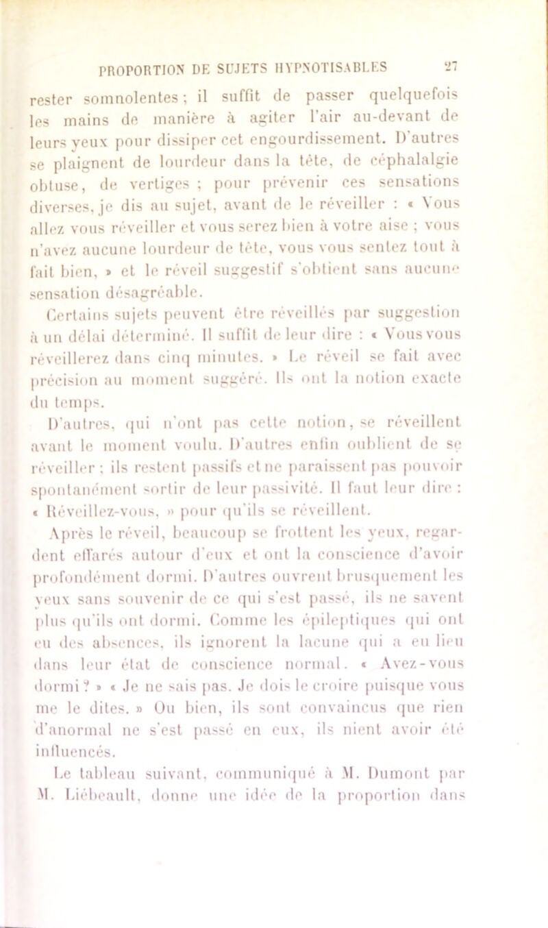 rester somnolentes; il suffit de passer quelquefois les mains de manière à agiter l’air au-devant de leurs veux pour dissiper cet engourdissement. D’autres se plaignent de lourdeur dans la tête, de céphalalgie obtuse, de vertiges ; pour prévenir ces sensations diverses, je dis au sujet, avant fie le réveiller : * Vous allez vous réveiller et vous serez bien à votre aise ; vous n’avez aucune lourdeur de tète, vous vous sentez tout à fait bien, » et le réveil suggestif s’obtient sans aucune sensation désagréable. Certains sujets peuvent être réveillés par suggestion à un délai déterminé. Il suffit de leur «lire : « Vous vous réveillerez dans cinq minutes. » Le réveil se fait avec précision au moment suggéré. Ils ont la notion exacte du temps. D’autres, «pii n’ont pas celte notion, se réveillent avant le moment voulu. D'autres enfin oublient de se réveiller; ils restent passifs et ne paraissent pas pouvoir spontanément sortir de leur passivité. Il faut leur dire : « Réveillez-vous, >» pour qu'ils se réveillent. Après le réveil, beaucoup se frottent h-s veux, regar- dent effarés autour d’eux et ont la conscience d’avoir profondément dormi. D'autres ouvrent brusquement les veux sans souvenir d«- ce qui s’est passé, ils ne savent plus qu'ils ont dormi. Comme les épileptiques qui ont eu des absences, ils ignorent la lacune qui a eu lieu dans leur état de conscience normal. « Avez-vous dormi 1 » « Je ne sais pas. Je dois le croire puisque vous me le dites. » Ou bien, ils sont convaincus que rien d’anormal ne s’est passé en eux, ils nient avoir été influencés. Le tableau suivant, communiqué à M. Dumont par M. Liébeault, donne une idée de la proportion dans