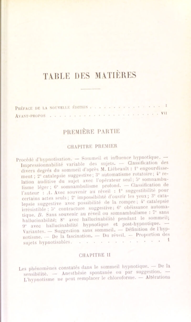 TABLE DES MATIERES Préface de la noivki le édition Avant-propos MtKMIÈltK PARTIE CHAPITRE PREMIER Procédé d'hvpnotisation. — Sommeil et influence hypnotique. — Impressionnabilité variable des sujets. Classification des divers degrés du sommeil d’après M. Liébeault : I engourdisse- ment ; •J'1 catalepsie suggestive; 3° automatisme rotatoire; * re- lation auditive du sujet avec l’opérateur seul; V somnambu- lisme léer ; 6° somnambulisme profond. — Classification de l’auteur : .1. Avec souvenir au réveil : 1° suggestibilité pour certains actes seuls; 2* impossibilité d’ouvrir les yeux; cata- lepsie suggestive avec possibilité de la rompre; 4 catalepsie irrésistible ; .V contracture suggestive; O obéissance automa- tique. U. Sans souvenir au réveil ou somnambulisme : 7 sans hallucinabilité; 8° avec hallucinabilité pendant le sommeil; 9“ avec hallucinabilité hypnotique et post-hypnotique. — Variantes. — Suggestion sans sommeil. — Définition de 1 hyp- notisme. — De la fascination. — Du réveil. - Proportion des sujets hypnotisables CHAPITRE II Les phénomènes constatés dans le sommeil hypnotique. — De la  sensibilité. — Anesthésie spontanée ou par suggestion. — L’hypnotisme ne peut remplacer le chloroforme. Alteiations