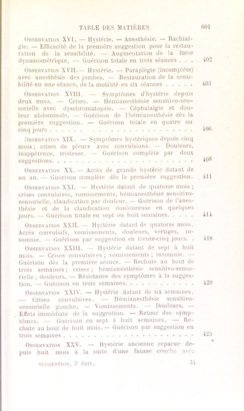 Observation XVI. — Hystérie. — Anesthésie. — Rachial- gie. — Efficacité de la première suggestion pour la restau- ration de la sensibilité. — Augmentation de la force dynamométrique. — Guérison totale en trois séances . . . -402 Observation XVII.— Hystérie. — Paraplégie (incomplète) avec anesthésie des jambes. — Restauration de la sensi- bilité en une séance, de la motilité en six séances 403 Observation XVIII. — Symptômes d’hystérie depuis deux mois. — Crises. — Hémianesthésie sensitivo-sen- sorielle avec dyschromatopsie. — Céphalalgie et dou- leur abdominale. — Guérison de l'hémianesthésie dès la première suggestion. — Guérison totale en quatre ou cinq jours 406 Observation XIX. — Symptômes hystériques depuis cinq mois; crises de pleurs avec convulsions. — Douleurs, inappétence, tristesse. — Guérison complète par deux suggestions 40# Observation XX. — Accès de grande hystérie datant de un an. — Guérison complète dès la première suggestion. 411 Observation XXI. — Hystérie datant de quatorze mois ; crises convulsives, vomissements, hémianesthésie sensitivo- sensorielle, claudication par douleur. — Guérison de l’anes- thésie et de la claudication douloureuse en quelques jours. —Guérison totale en sept ou huit semaines 414 Observation XXII. — Hystérie datant de quatorze mois. Accès convulsifs, vomissements, douleurs, vertiges, in- somnie. — Guérison par suggestion en trente-cinq jours. . ils Observation XXI11. — Hystérie datant de sept a huit mois. — Crises convulsives; vomissements; insomnie. — Guérison dès la première séance. — Rechute au bout de trois semaines; crises; hémianesthésie sensitivo-senso- rielle ; douleurs. — Résistance des symptômes à la sugges- tion. — Guérison en trois semaines 420 Observation XXIV. — Hystérie datant de six semaines. — Crises convulsives. — Hémianesthésie sensitivo- sensorielle gauche. — Vomissements. — Douleurs. — Effets immédiats de la suggestion. — Retour des symp- tômes. — Guérison en sept à huit semaines. — Re- chute au bout de huit mois.— Guérison par suggestion en trois semaines 425 Observation XXV. — Hystérie ancienne reparue de- puis huit mois à la suite d'une fausse couche avec SICGESTION, 3 éüIT. 3i
